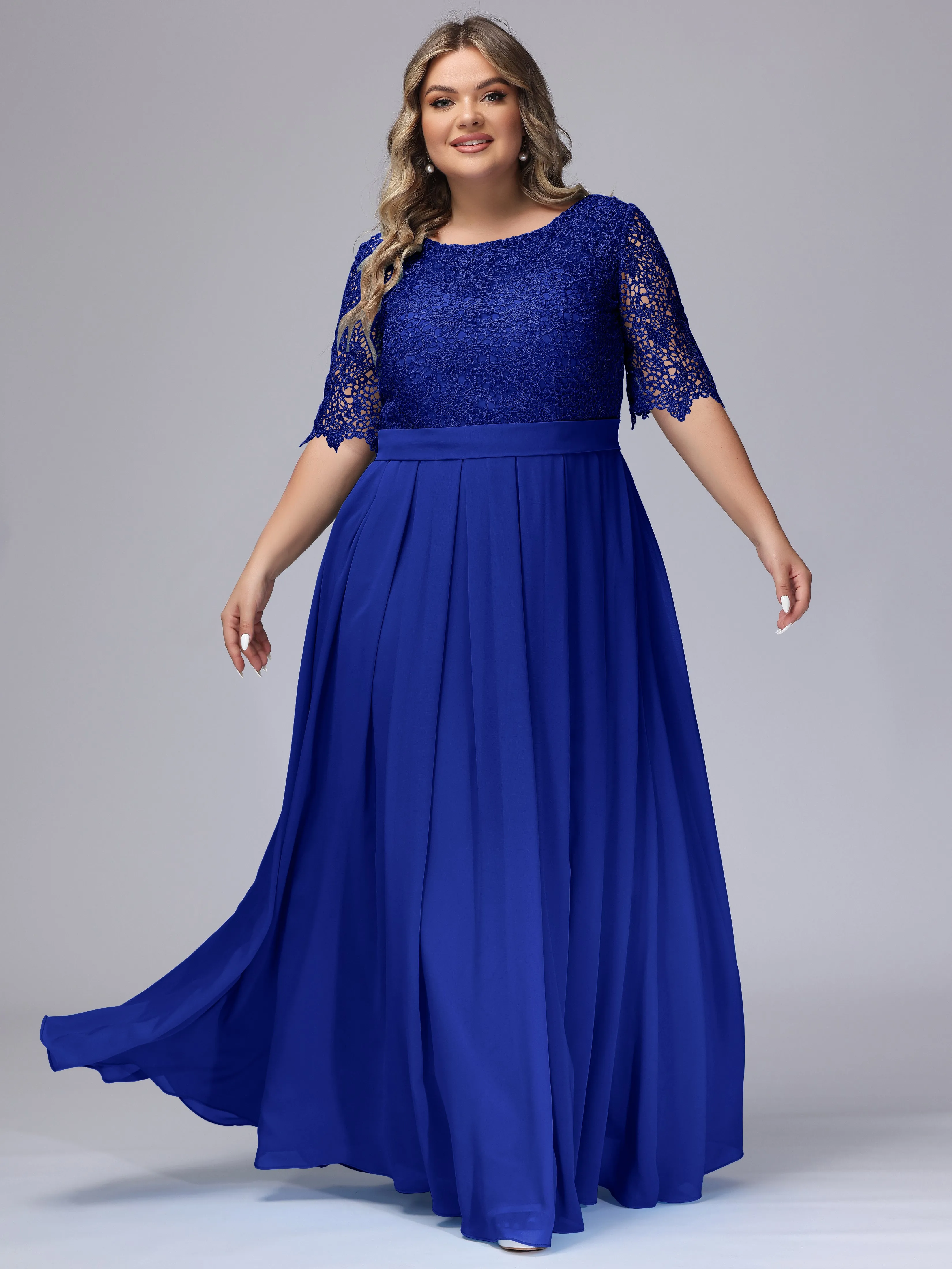 Half Sleeves Scoop Lace Long Plus Size Bridesmaid Dresses