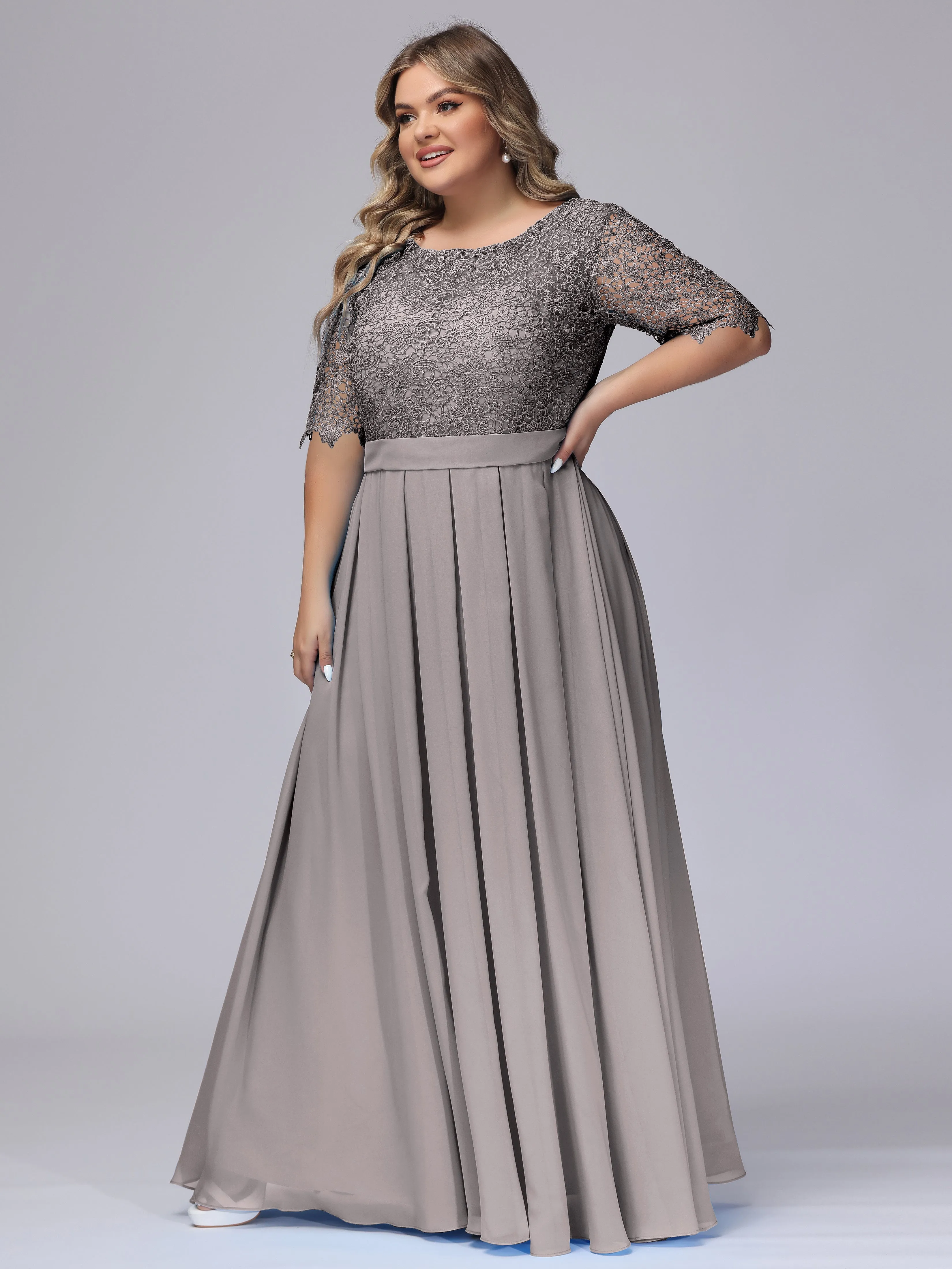 Half Sleeves Scoop Lace Long Plus Size Bridesmaid Dresses