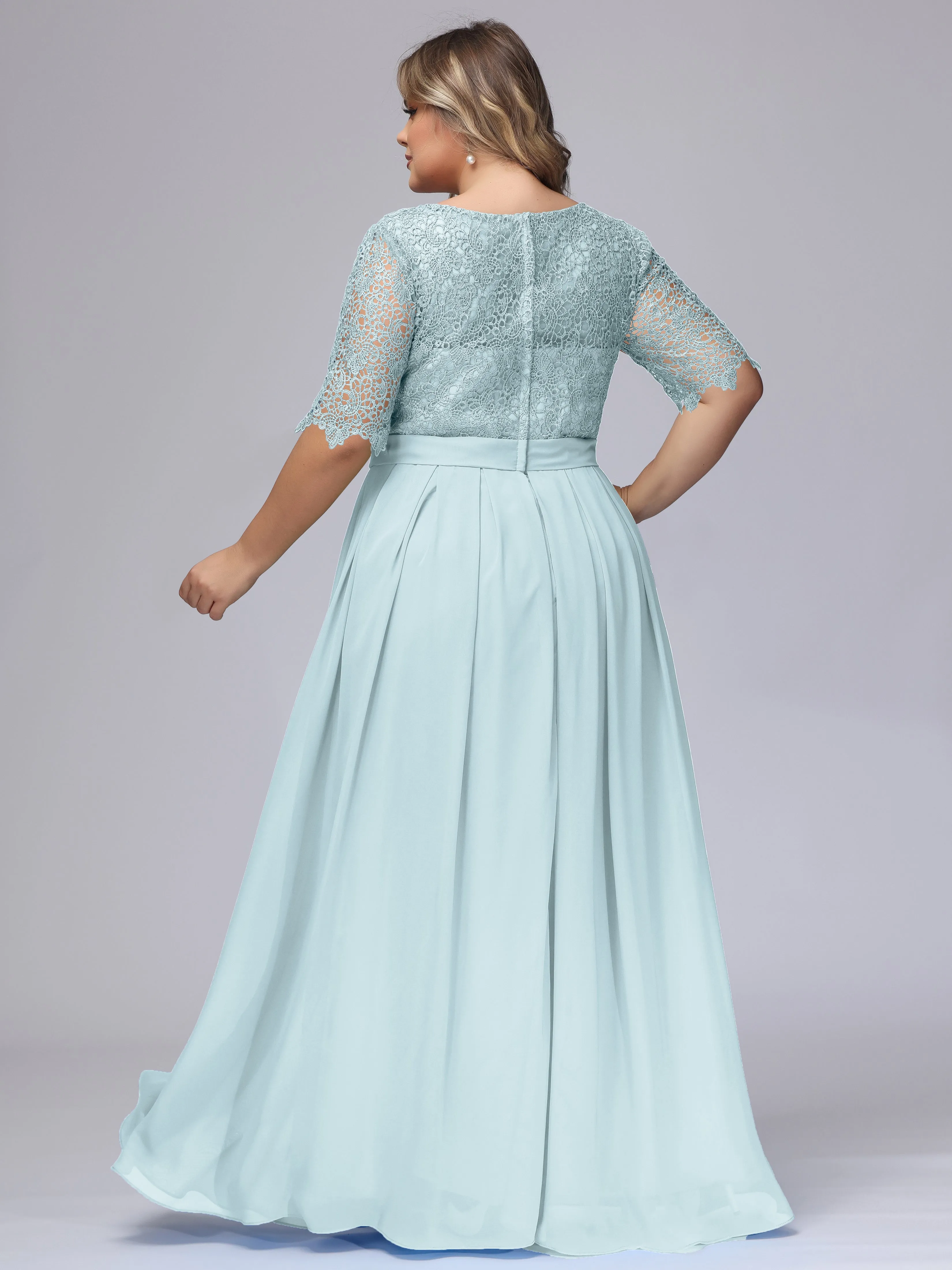 Half Sleeves Scoop Lace Long Plus Size Bridesmaid Dresses