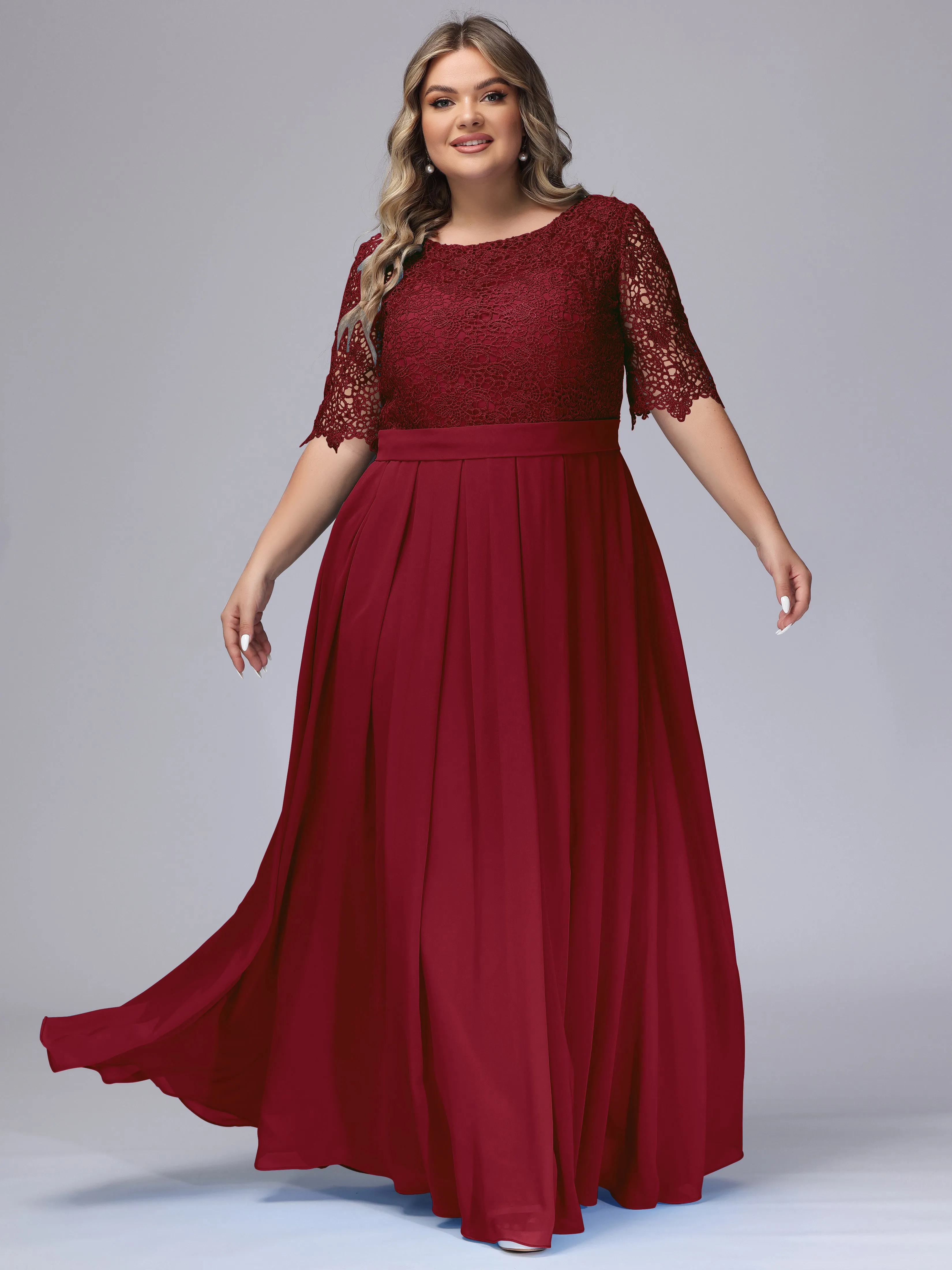 Half Sleeves Scoop Lace Long Plus Size Bridesmaid Dresses