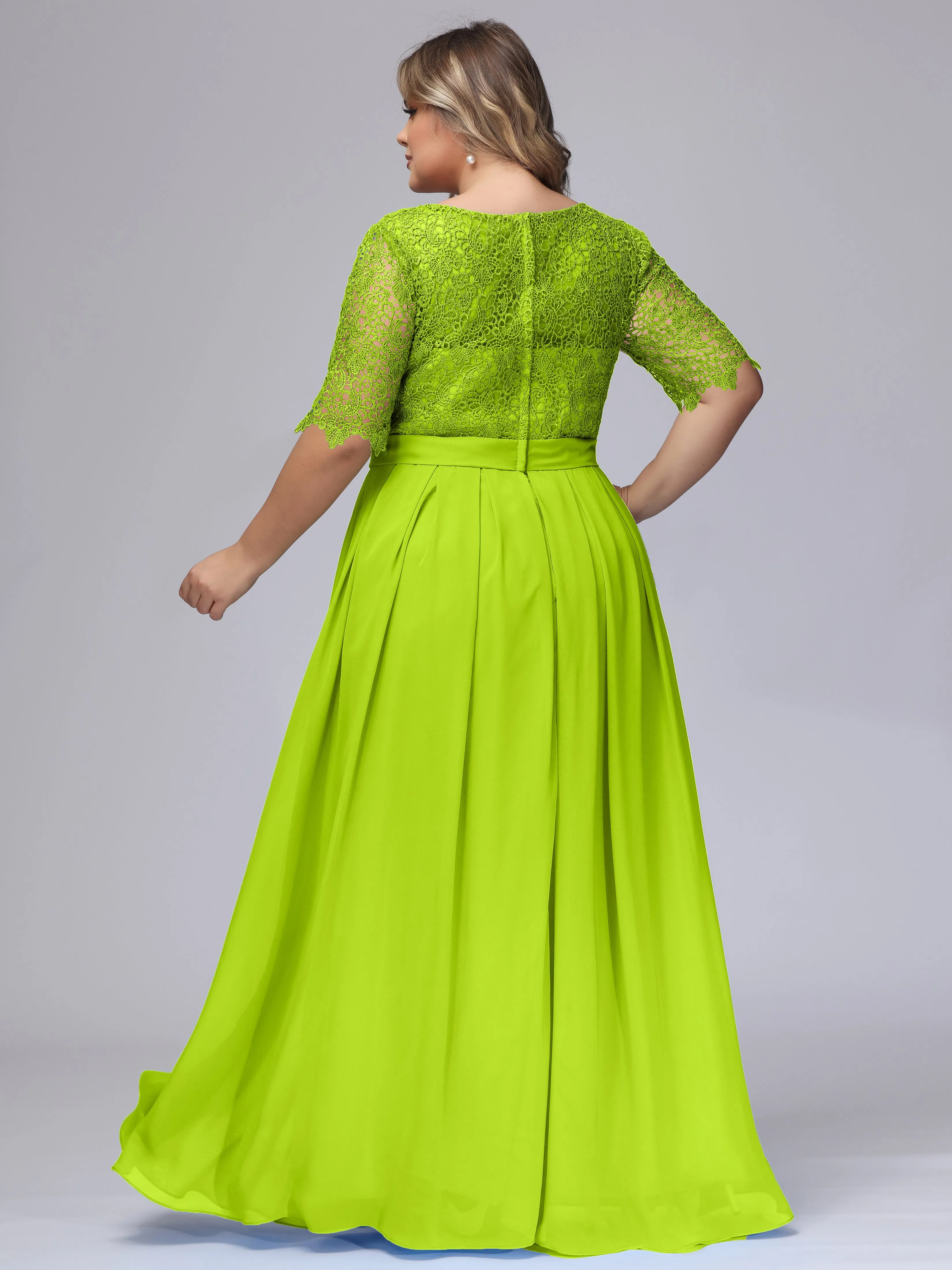 Half Sleeves Scoop Lace Long Plus Size Bridesmaid Dresses