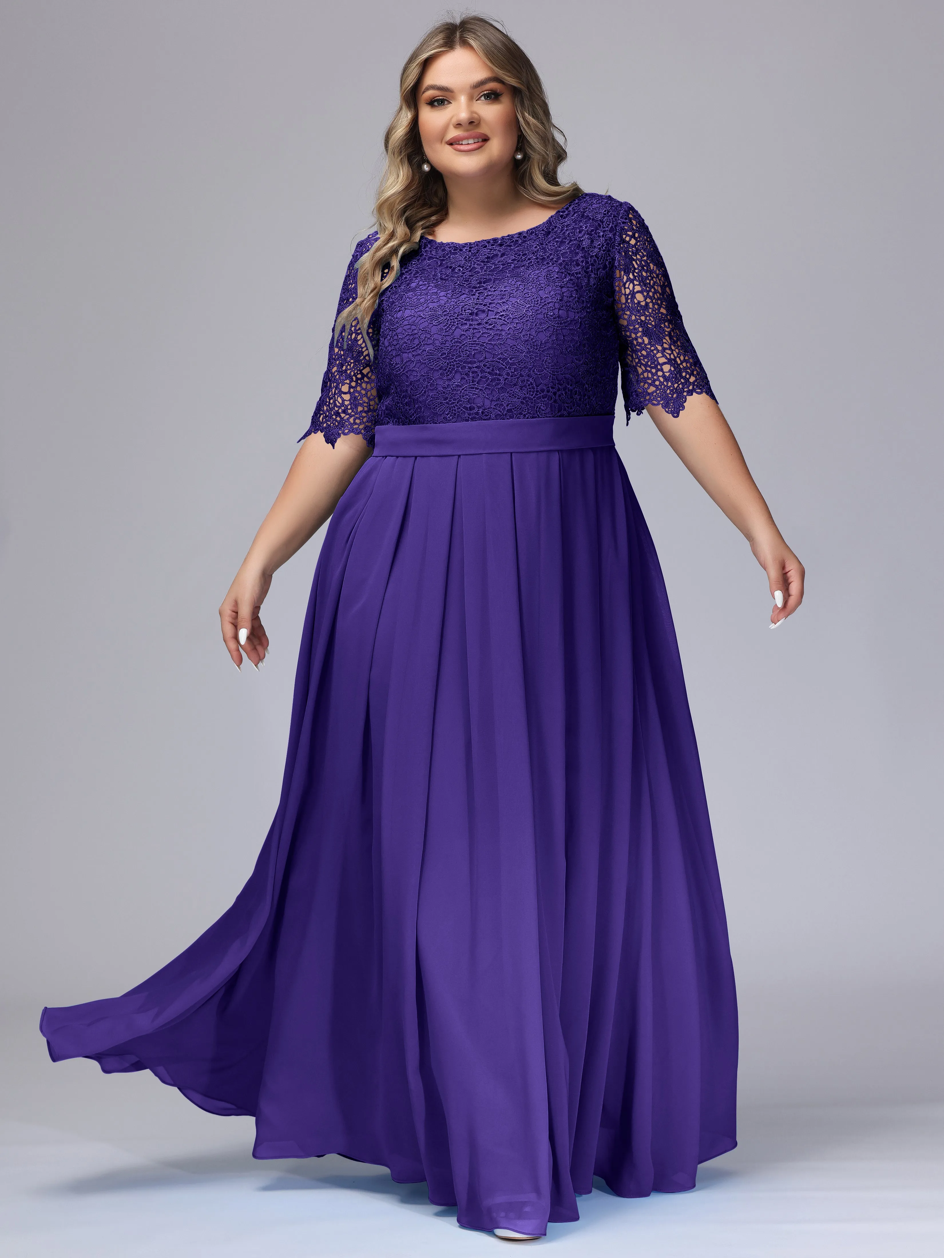 Half Sleeves Scoop Lace Long Plus Size Bridesmaid Dresses