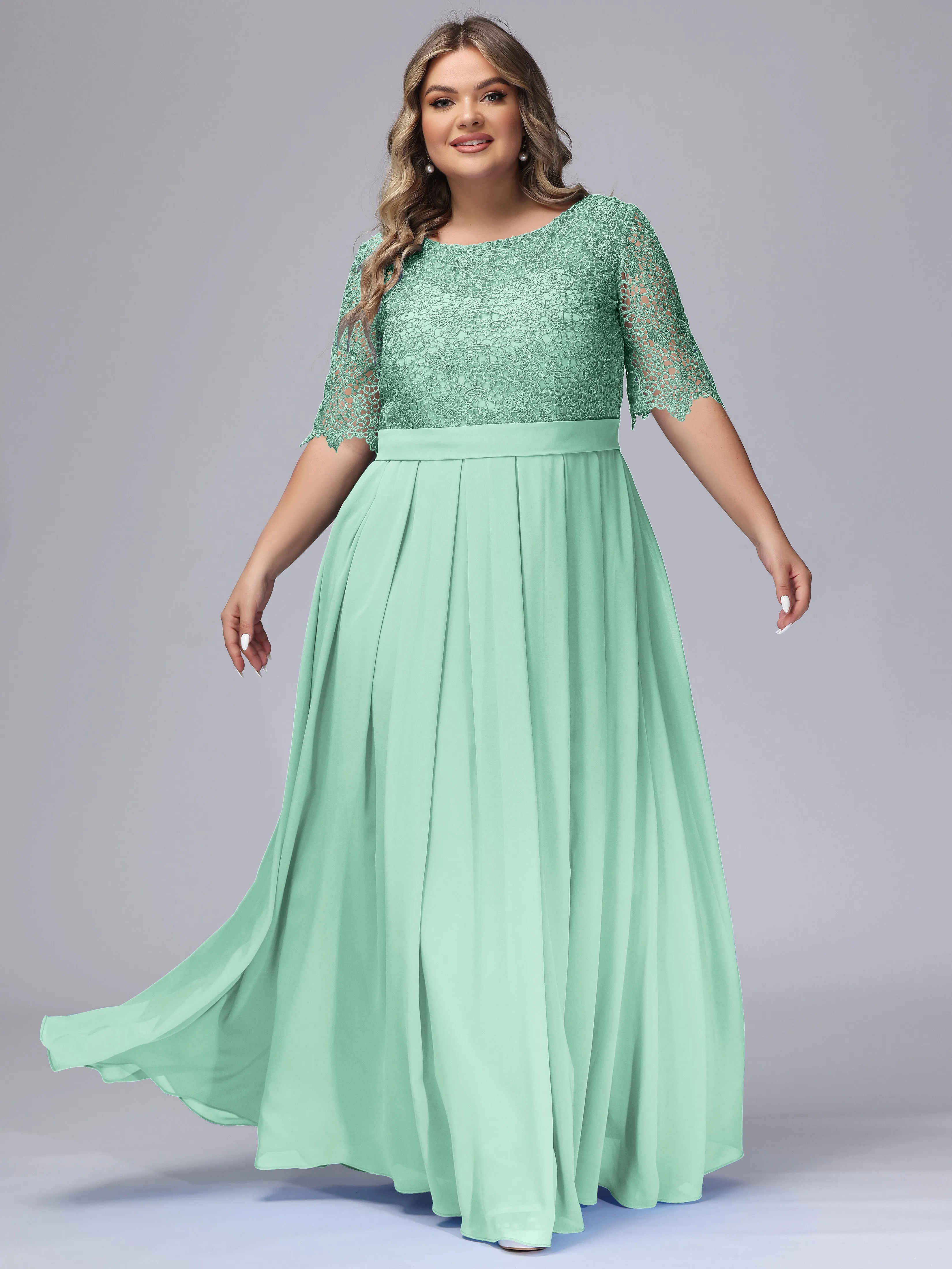 Half Sleeves Scoop Lace Long Plus Size Bridesmaid Dresses