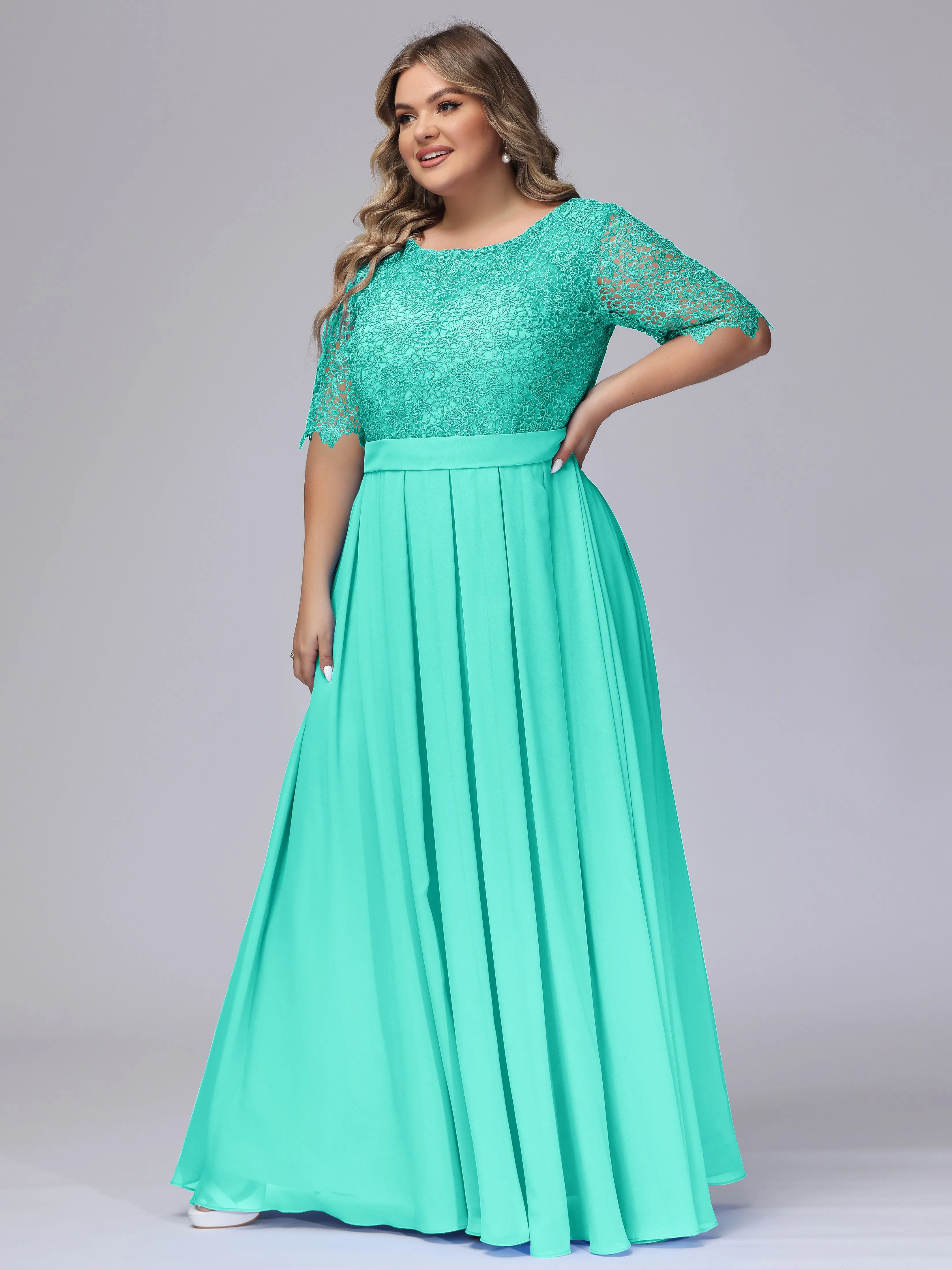 Half Sleeves Scoop Lace Long Plus Size Bridesmaid Dresses
