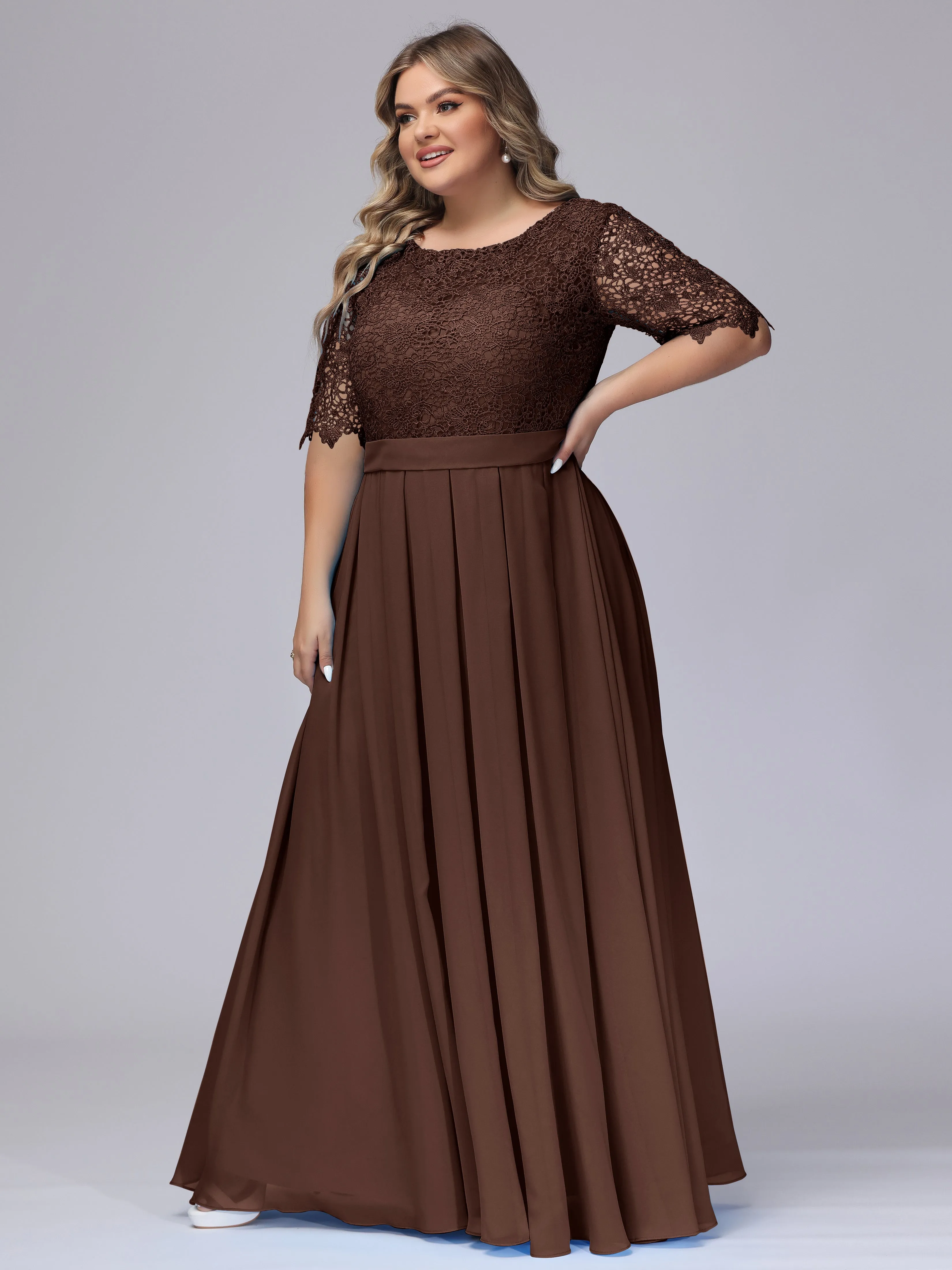 Half Sleeves Scoop Lace Long Plus Size Bridesmaid Dresses