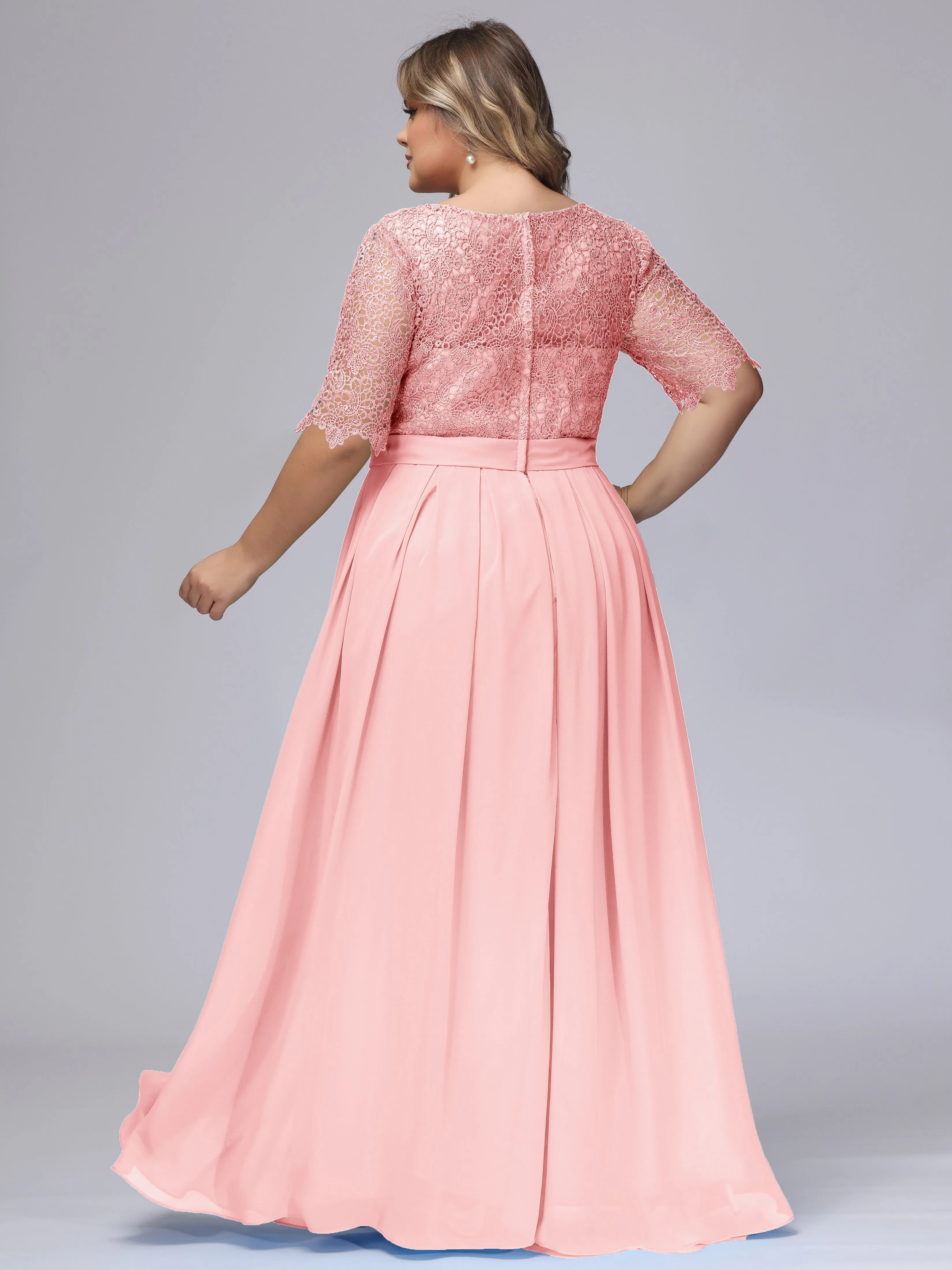 Half Sleeves Scoop Lace Long Plus Size Bridesmaid Dresses
