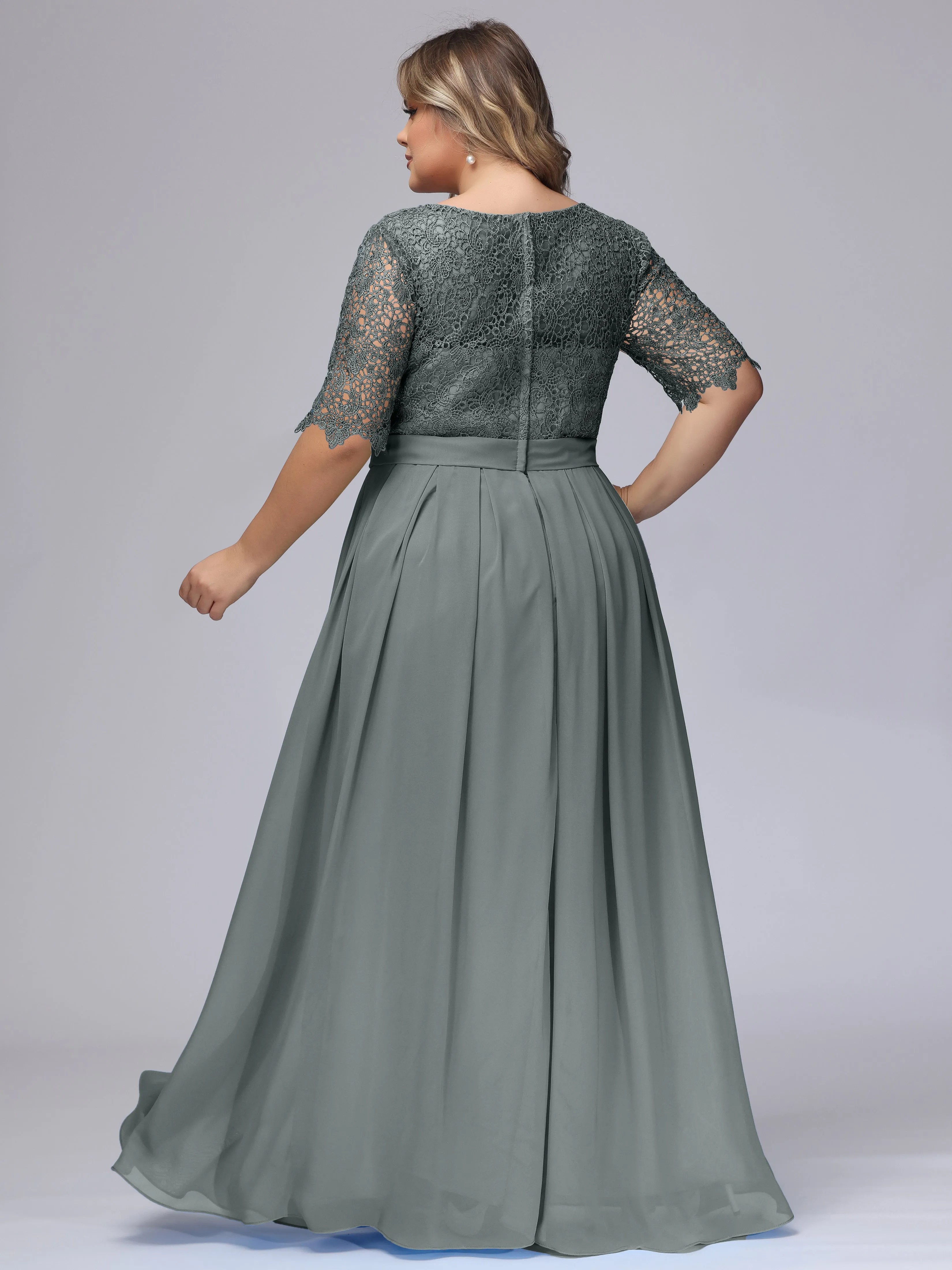 Half Sleeves Scoop Lace Long Plus Size Bridesmaid Dresses