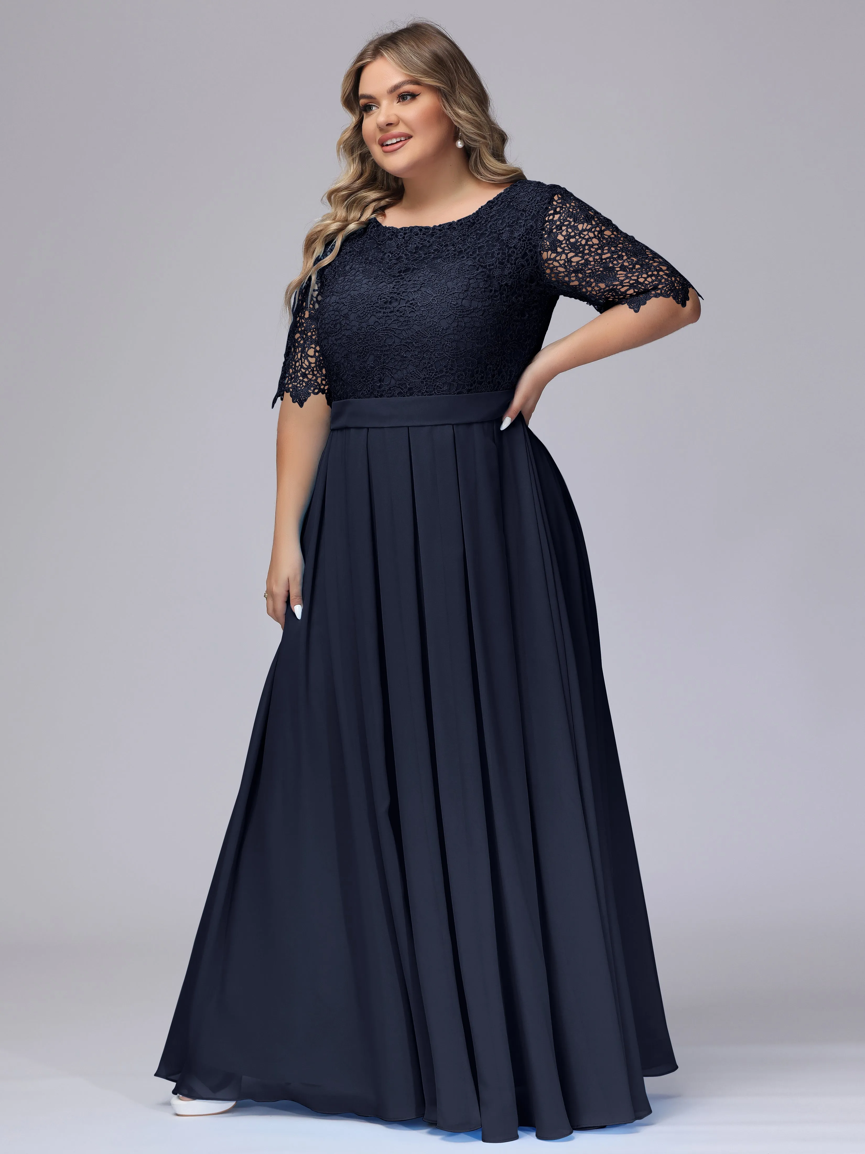 Half Sleeves Scoop Lace Long Plus Size Bridesmaid Dresses