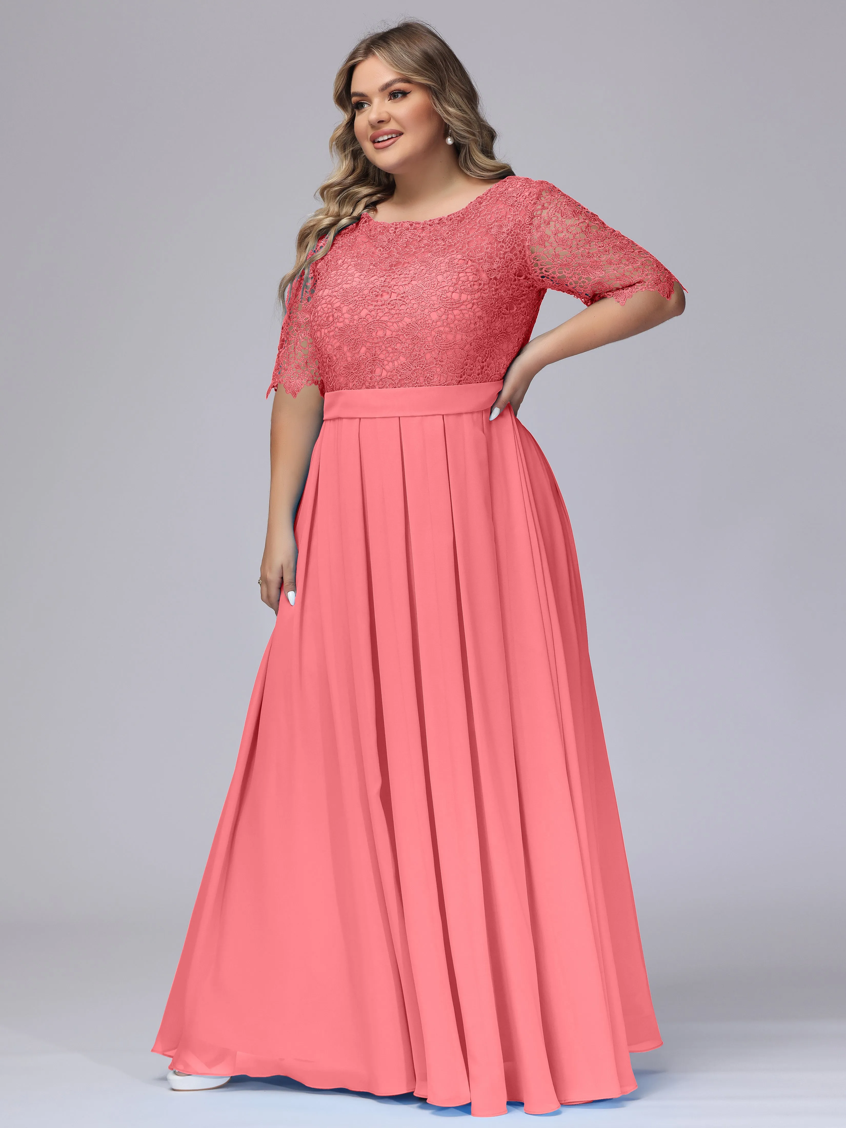 Half Sleeves Scoop Lace Long Plus Size Bridesmaid Dresses