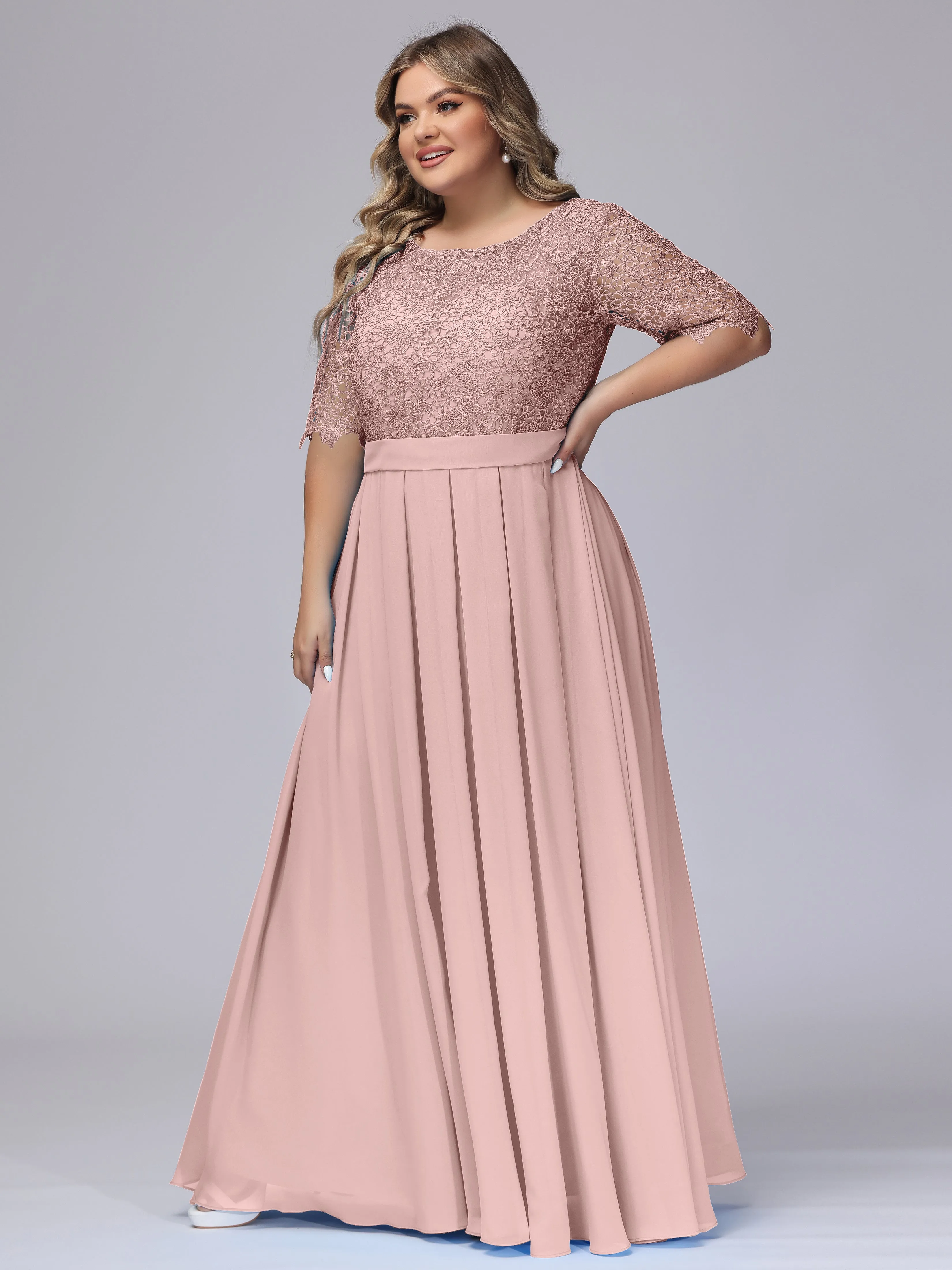 Half Sleeves Scoop Lace Long Plus Size Bridesmaid Dresses