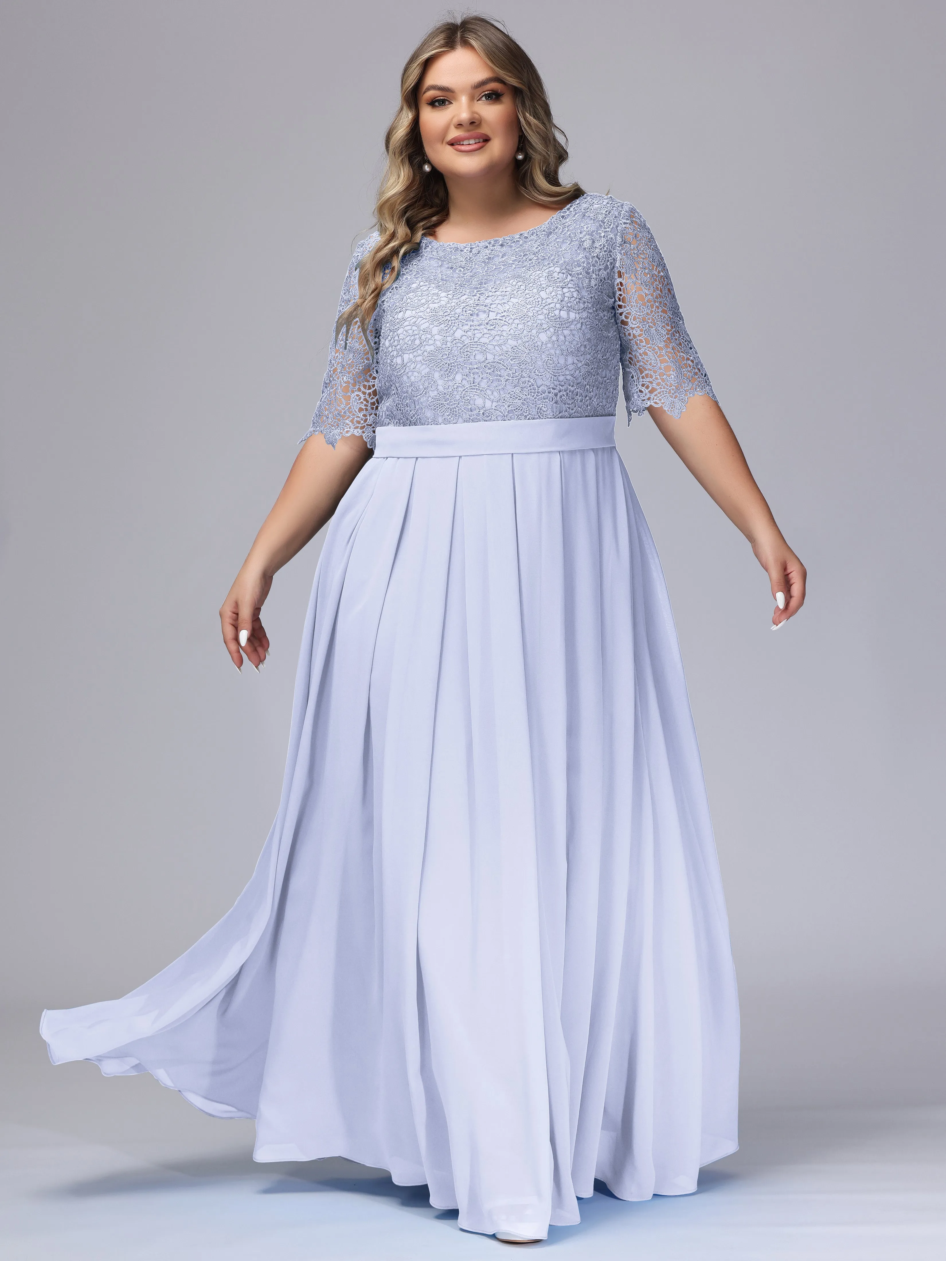 Half Sleeves Scoop Lace Long Plus Size Bridesmaid Dresses
