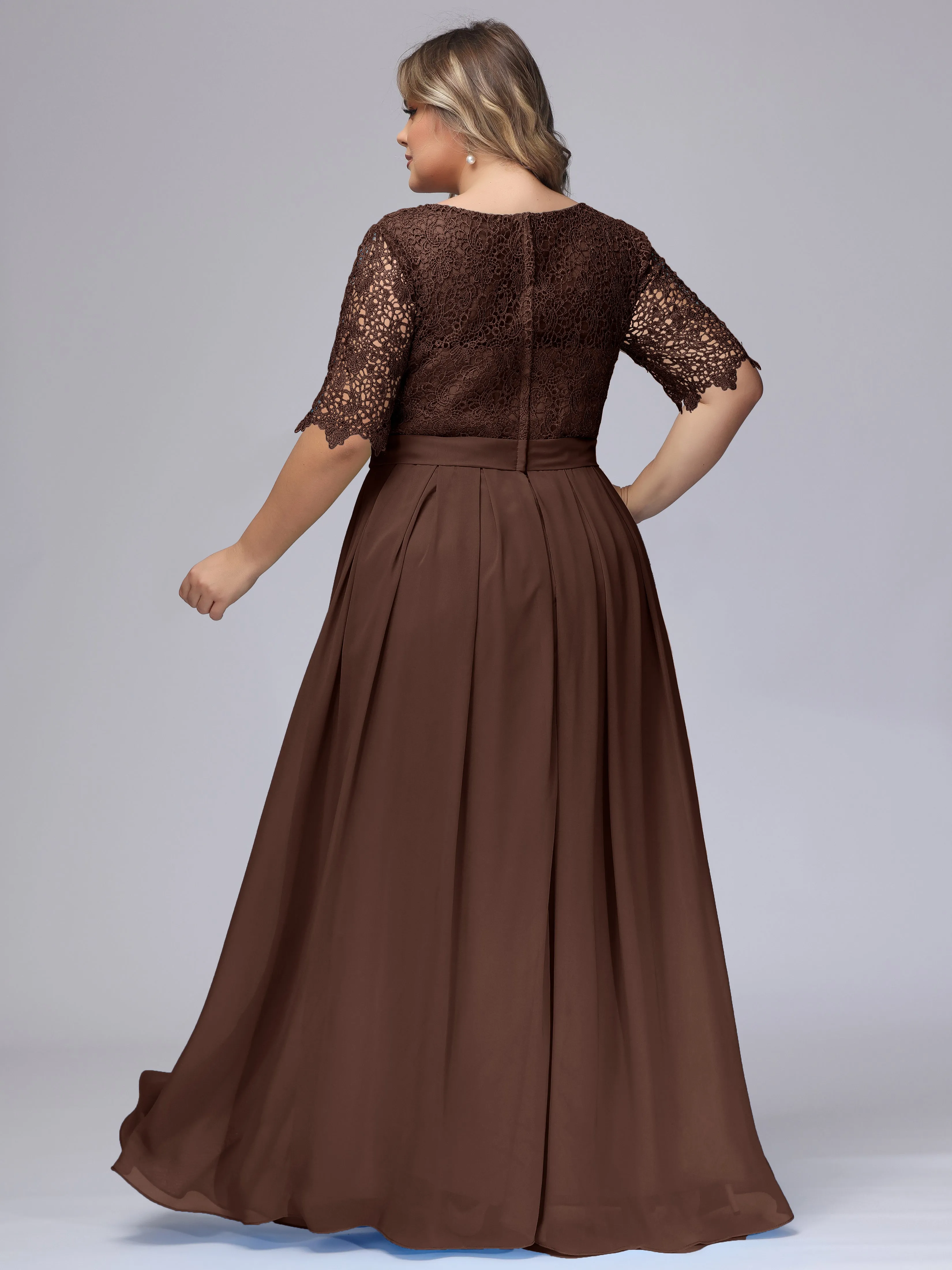 Half Sleeves Scoop Lace Long Plus Size Bridesmaid Dresses