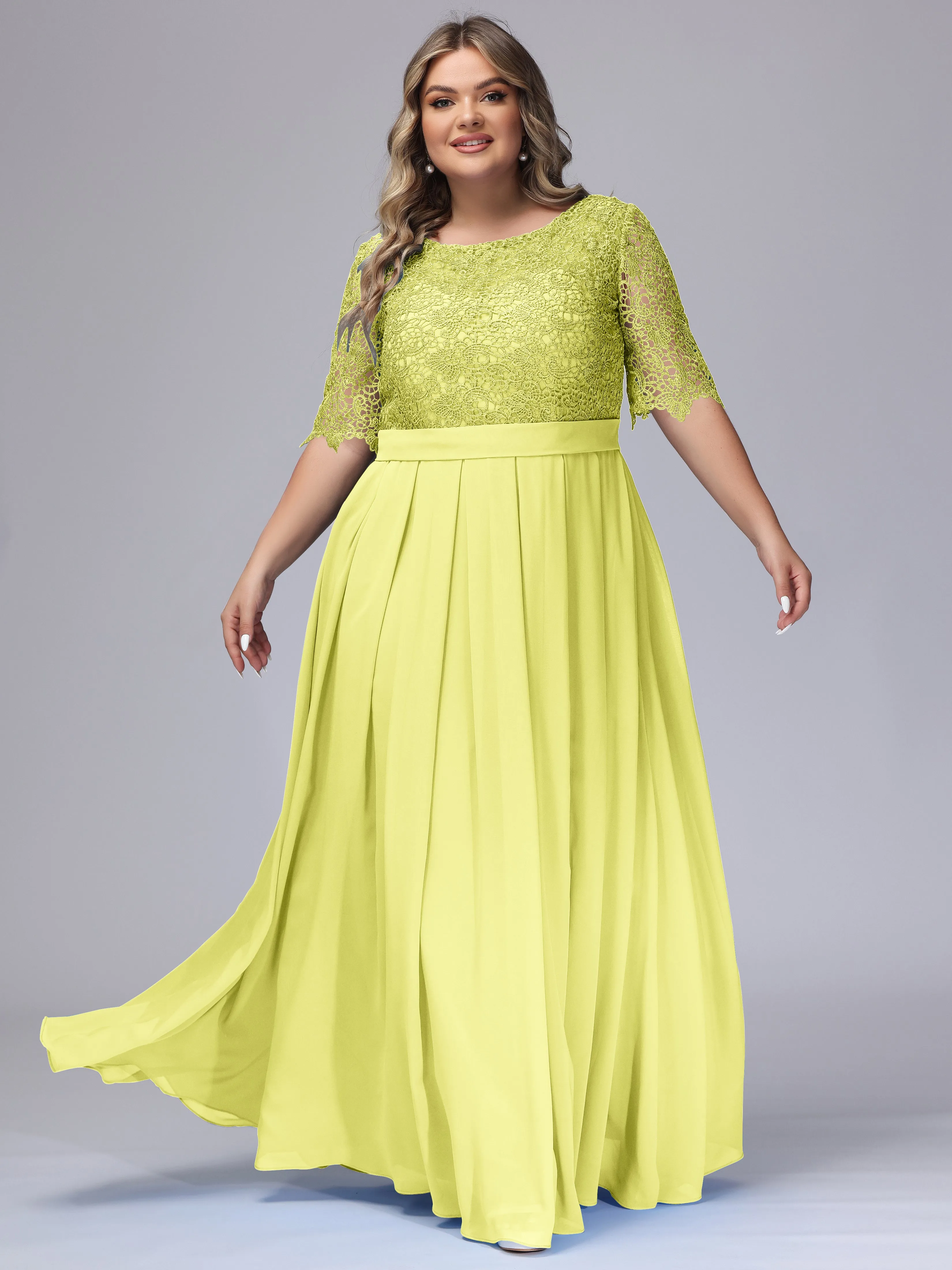 Half Sleeves Scoop Lace Long Plus Size Bridesmaid Dresses