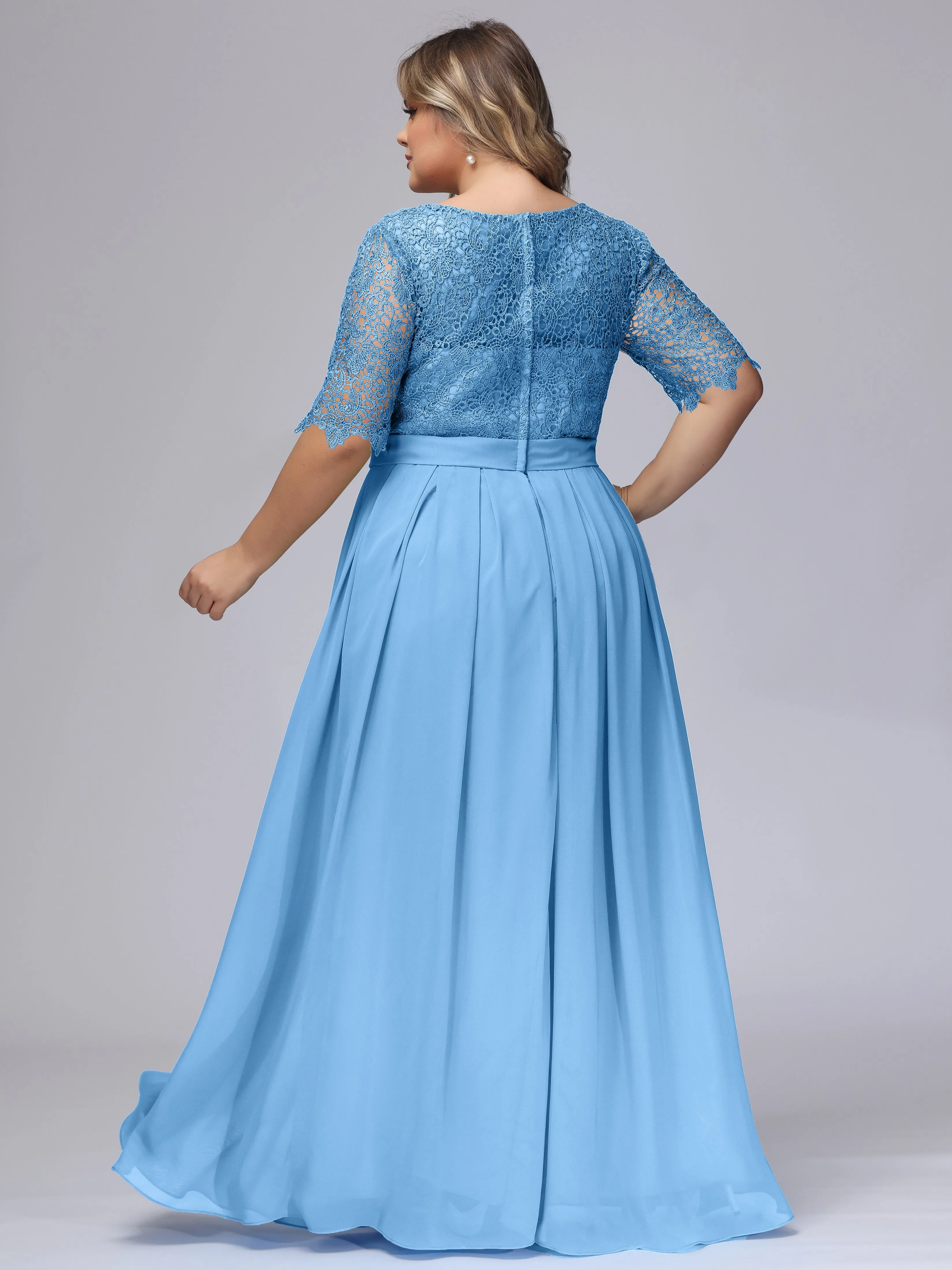 Half Sleeves Scoop Lace Long Plus Size Bridesmaid Dresses