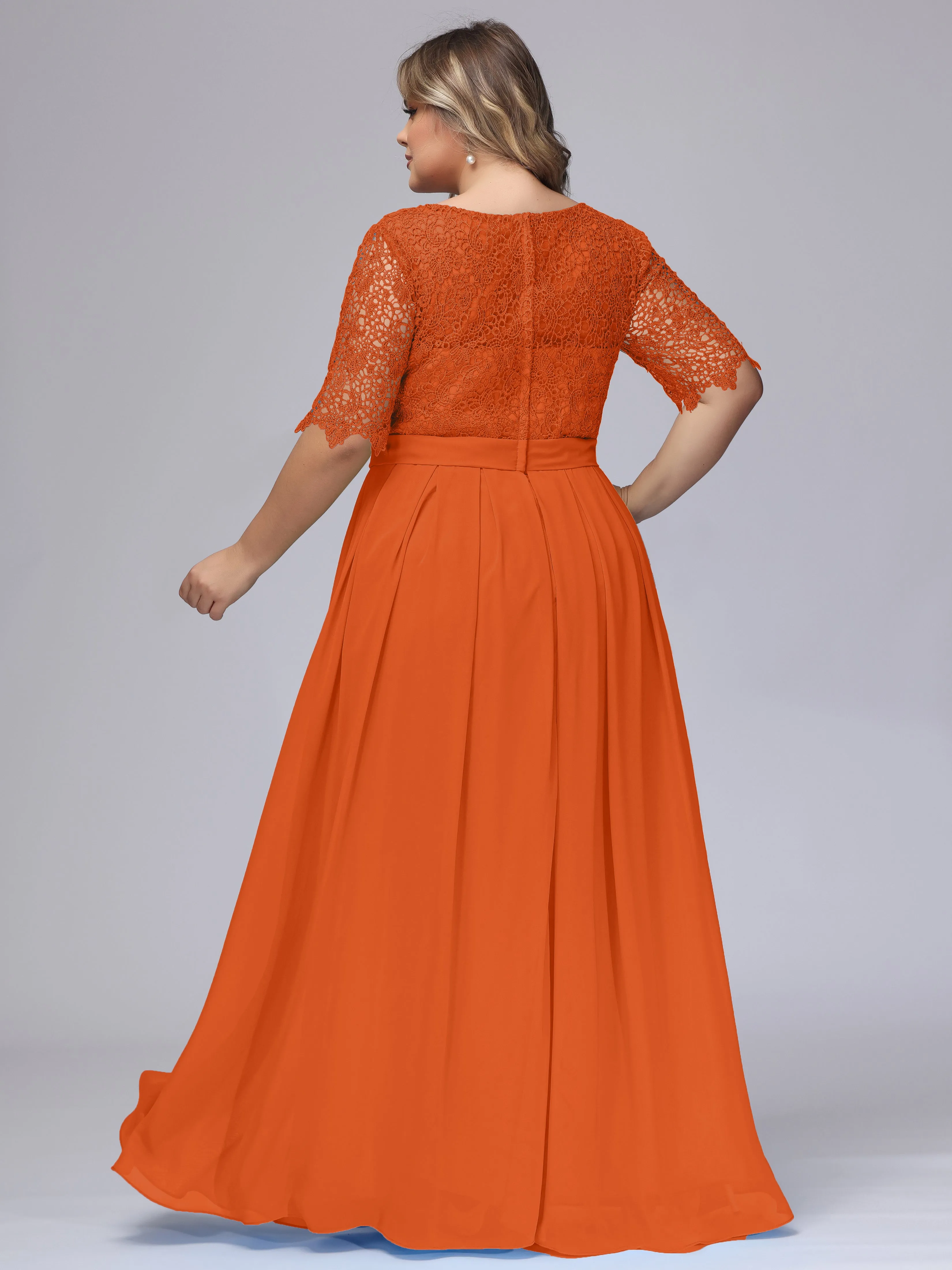 Half Sleeves Scoop Lace Long Plus Size Bridesmaid Dresses