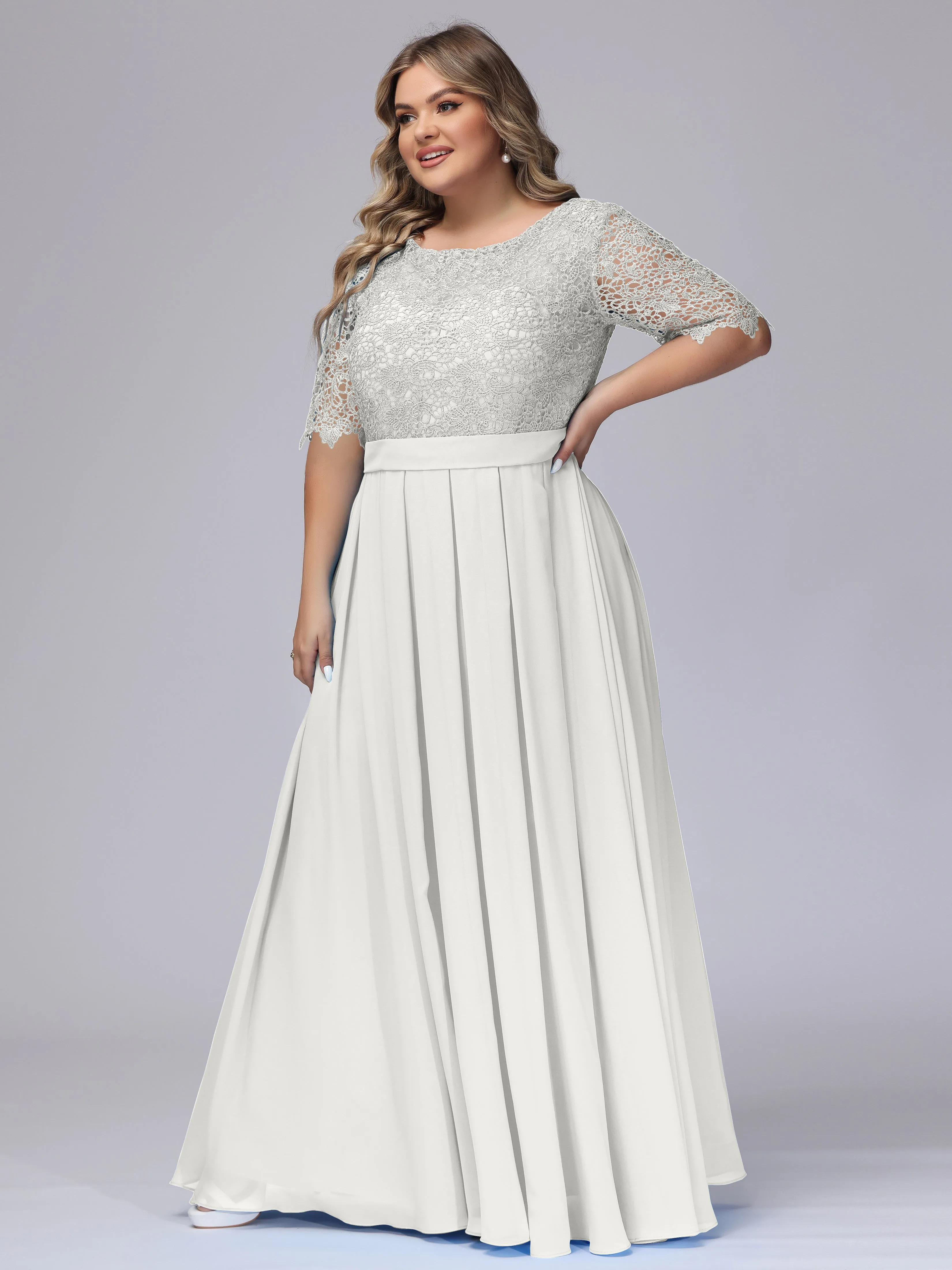 Half Sleeves Scoop Lace Long Plus Size Bridesmaid Dresses