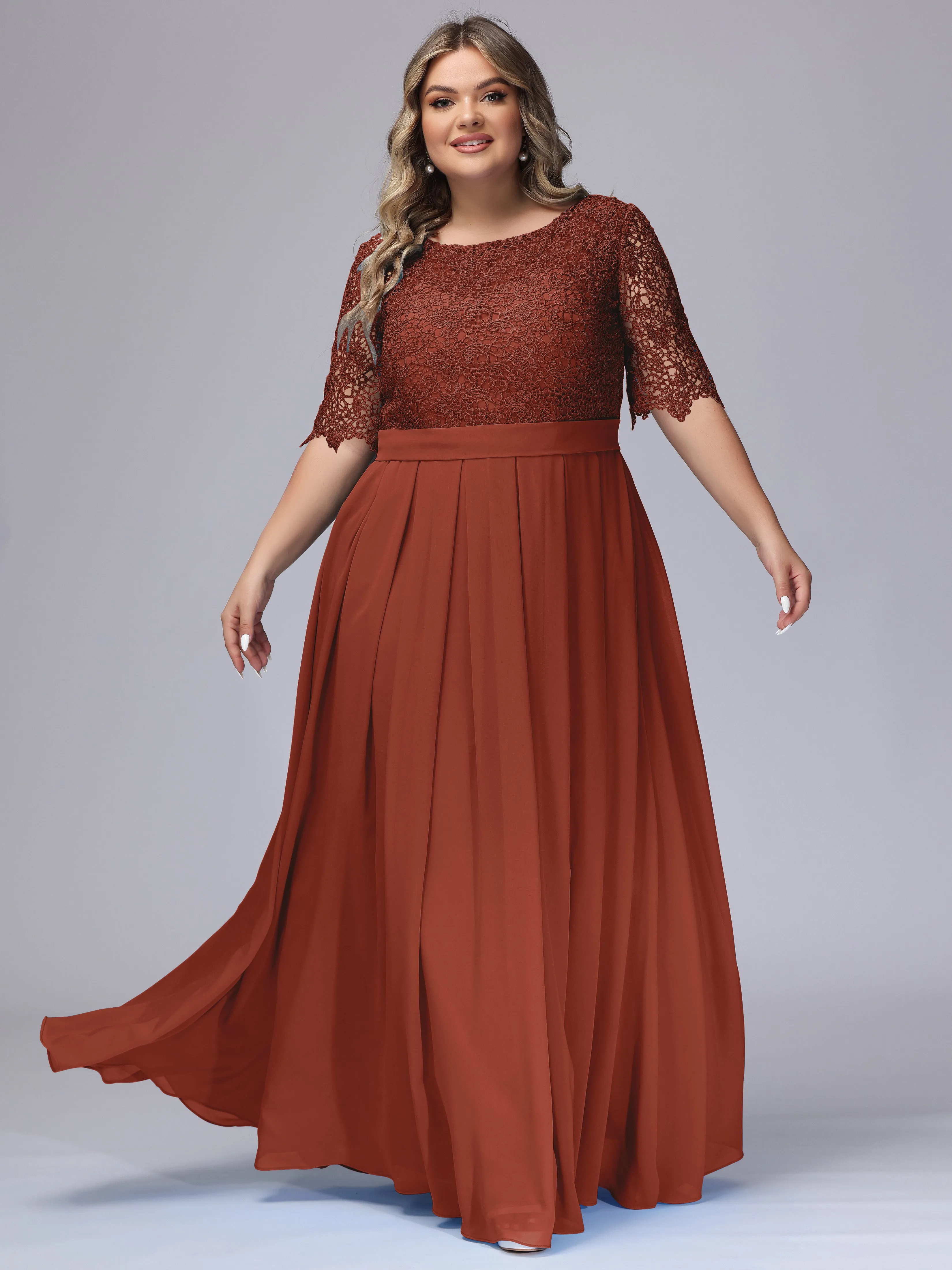 Half Sleeves Scoop Lace Long Plus Size Bridesmaid Dresses