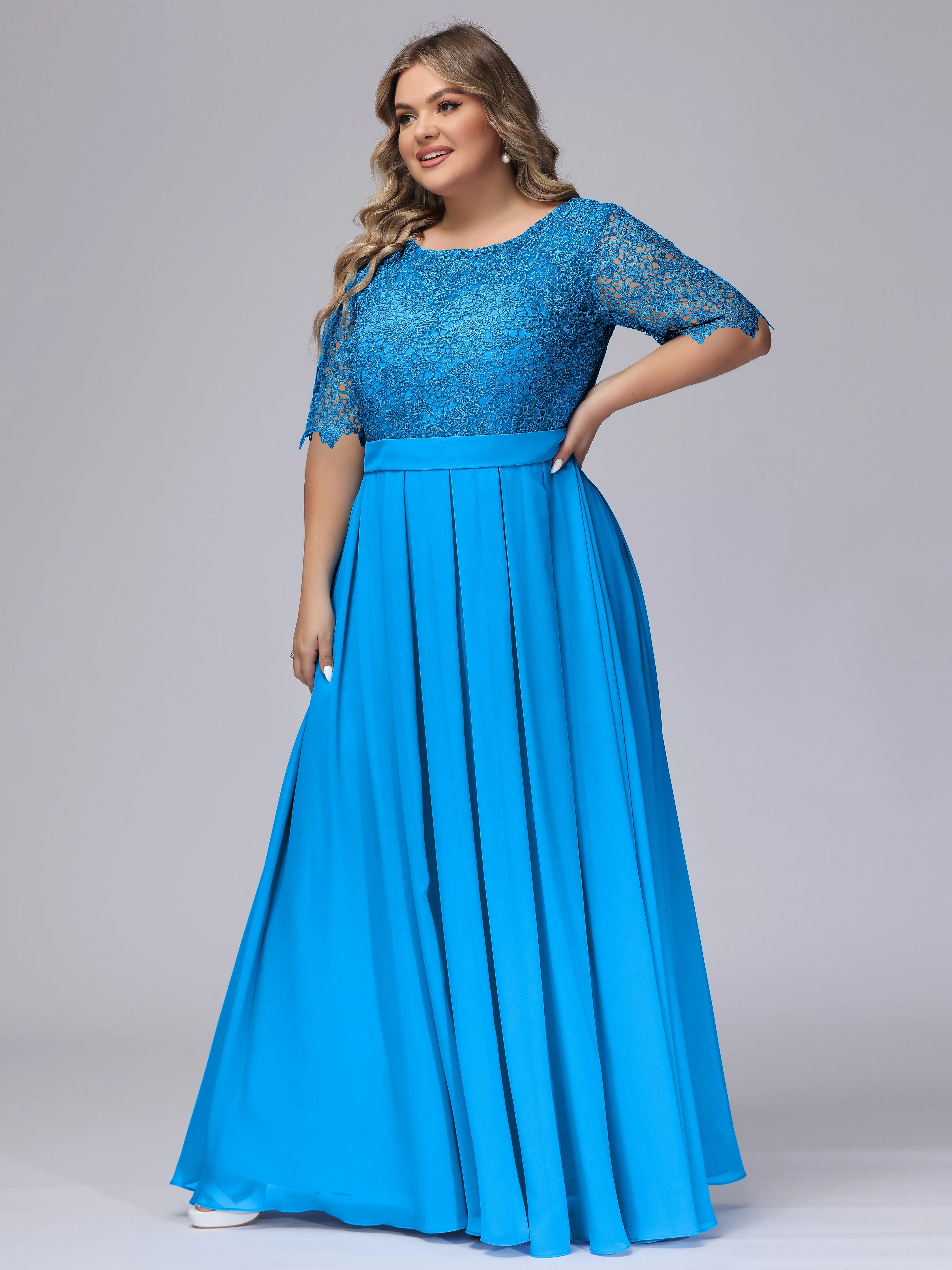 Half Sleeves Scoop Lace Long Plus Size Bridesmaid Dresses