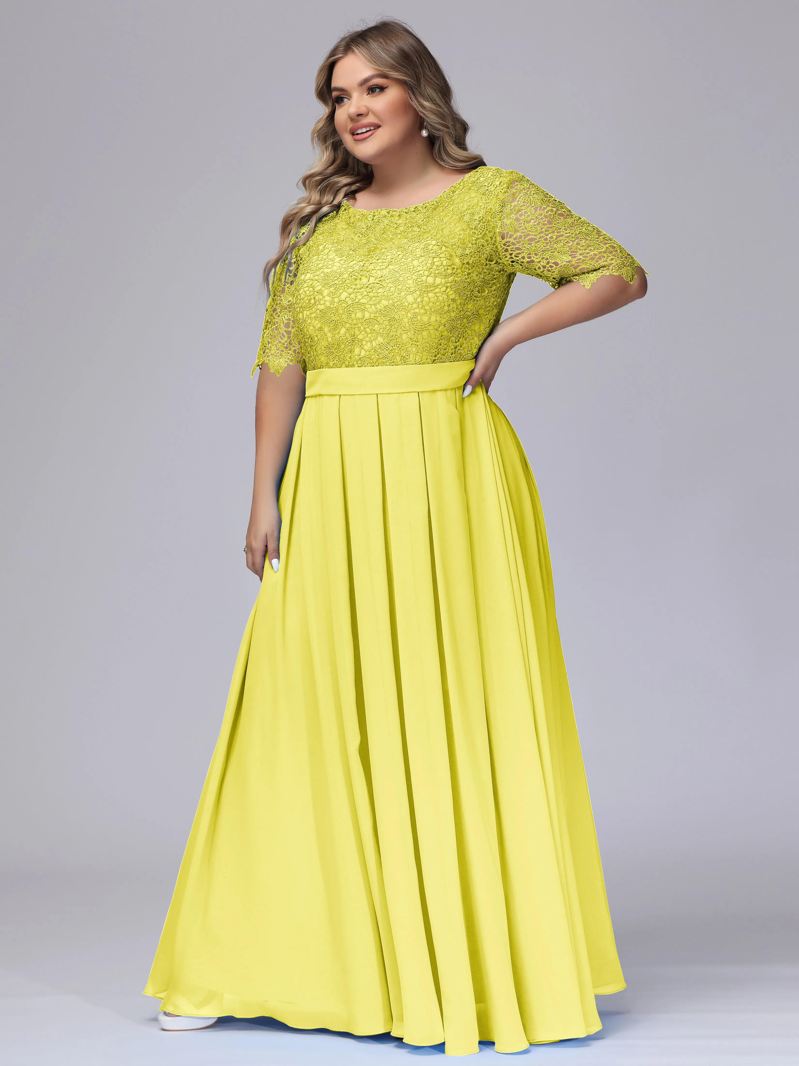 Half Sleeves Scoop Lace Long Plus Size Bridesmaid Dresses