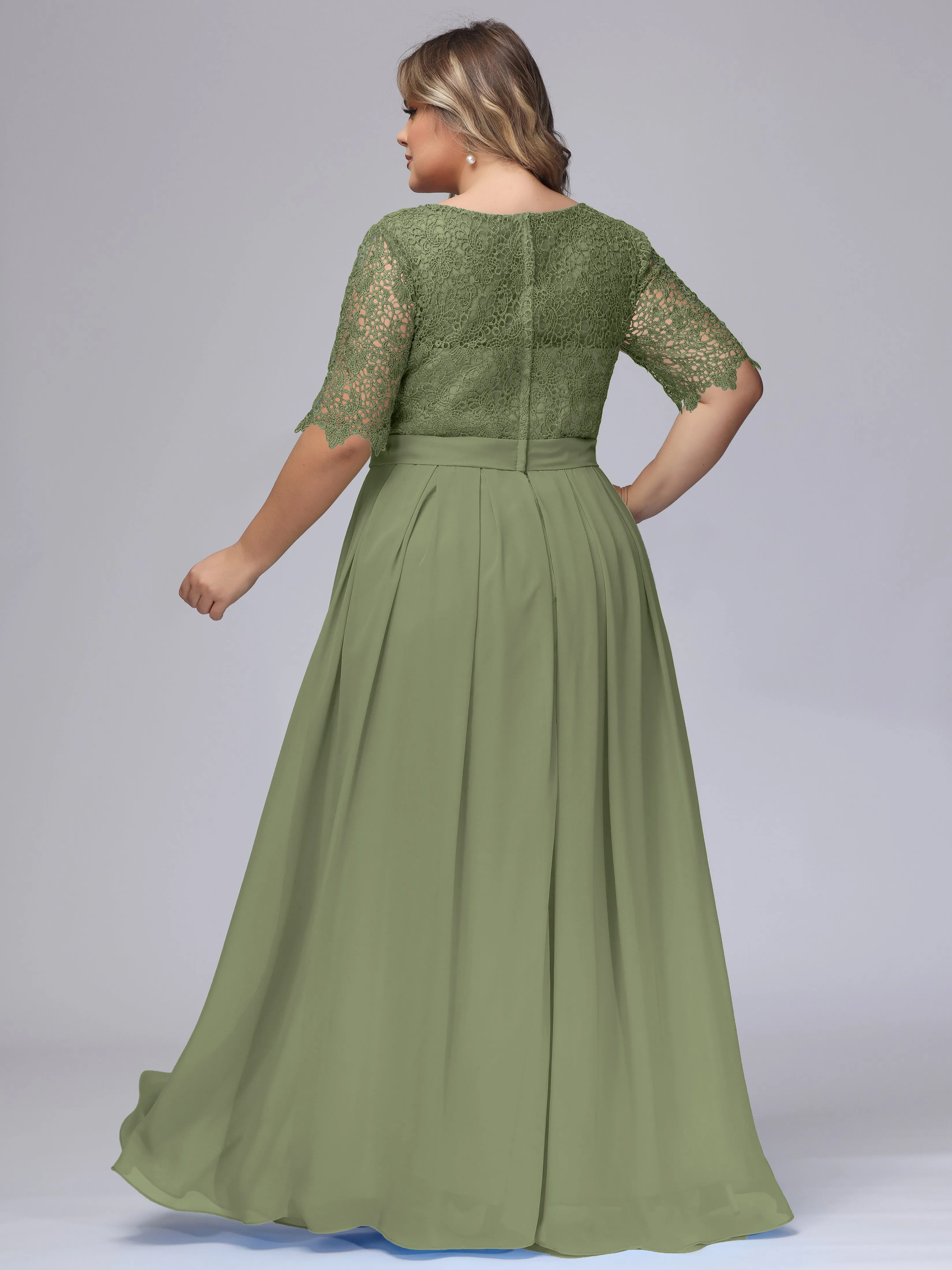 Half Sleeves Scoop Lace Long Plus Size Bridesmaid Dresses