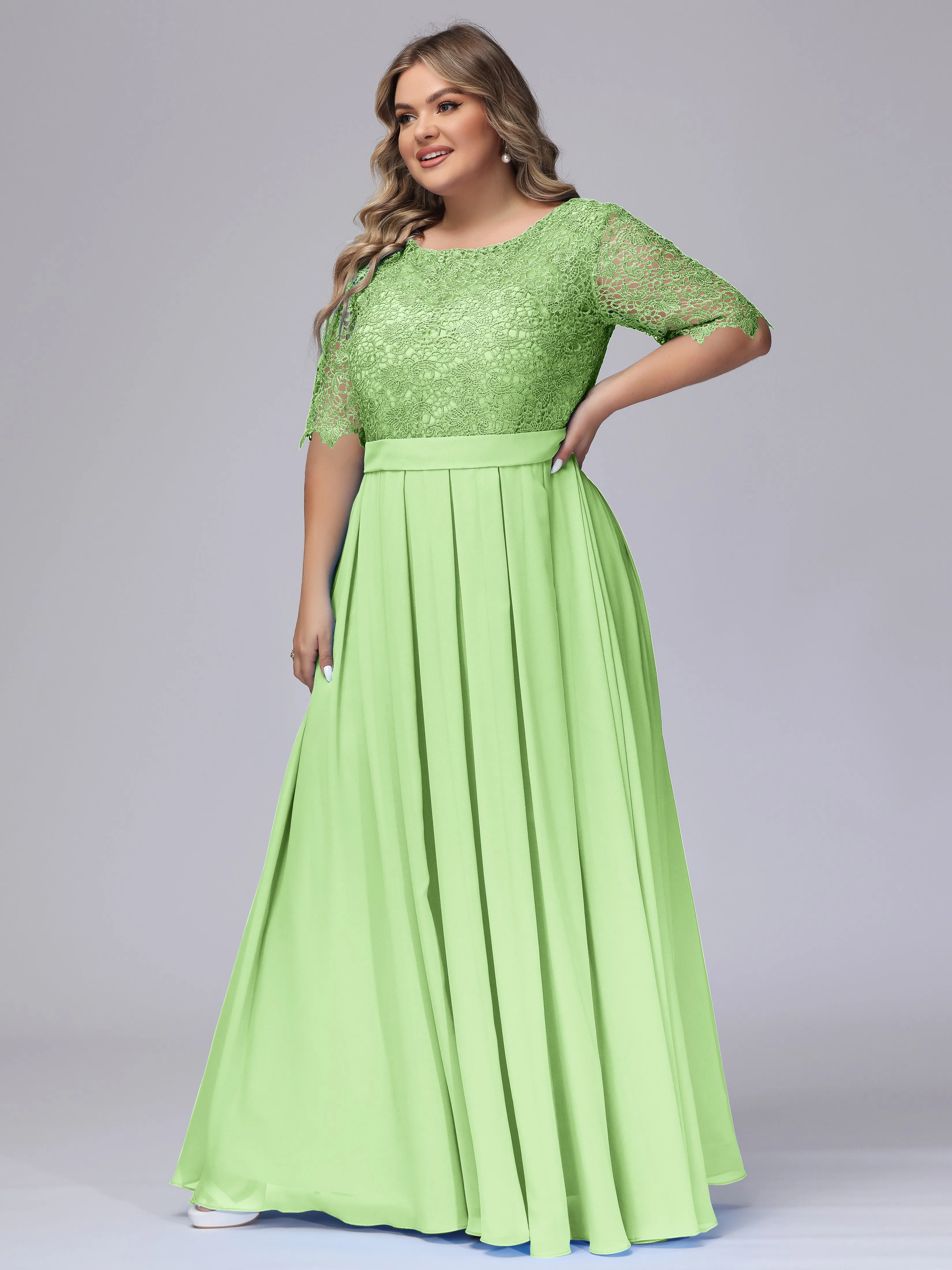 Half Sleeves Scoop Lace Long Plus Size Bridesmaid Dresses