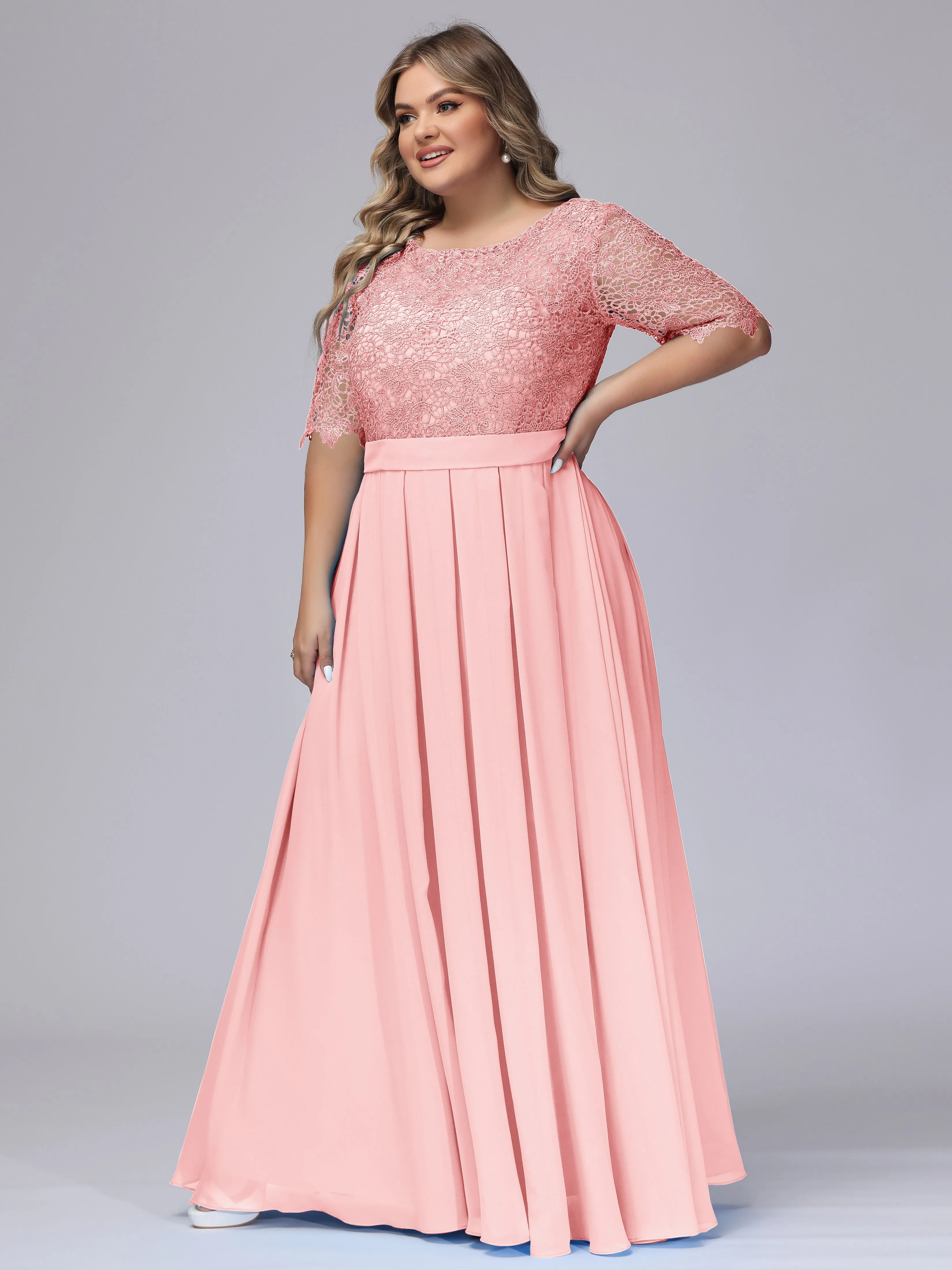 Half Sleeves Scoop Lace Long Plus Size Bridesmaid Dresses