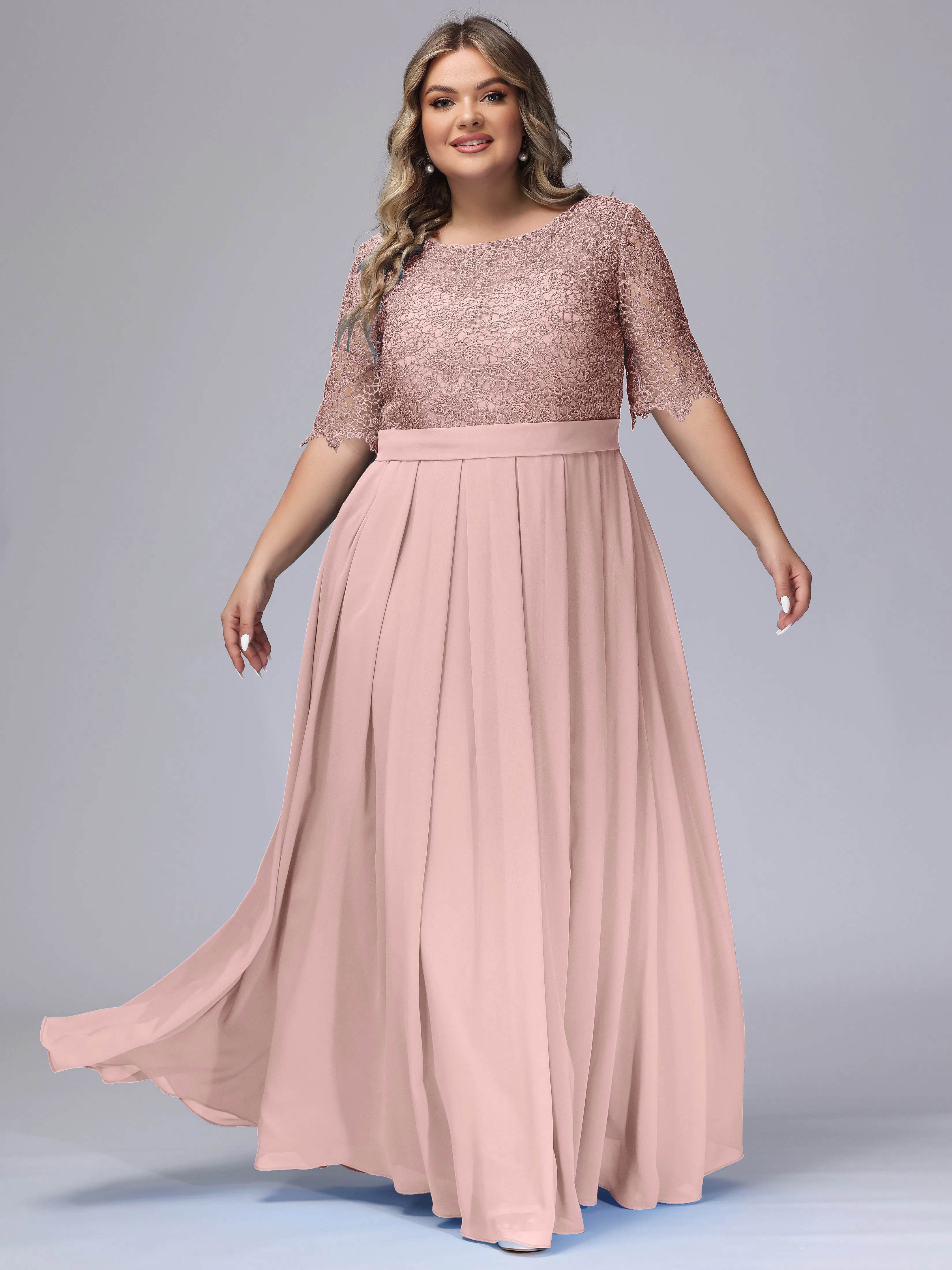 Half Sleeves Scoop Lace Long Plus Size Bridesmaid Dresses