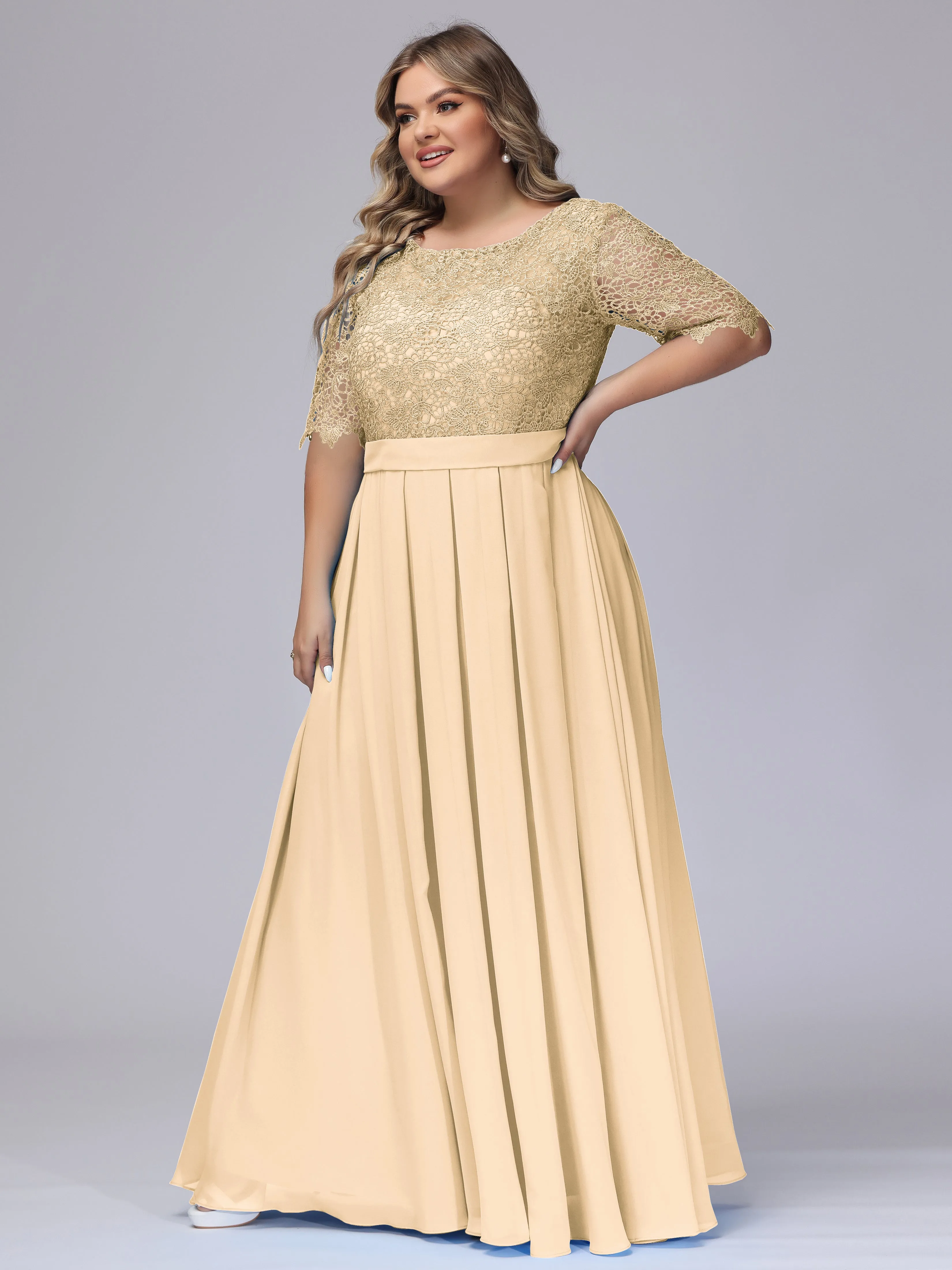 Half Sleeves Scoop Lace Long Plus Size Bridesmaid Dresses