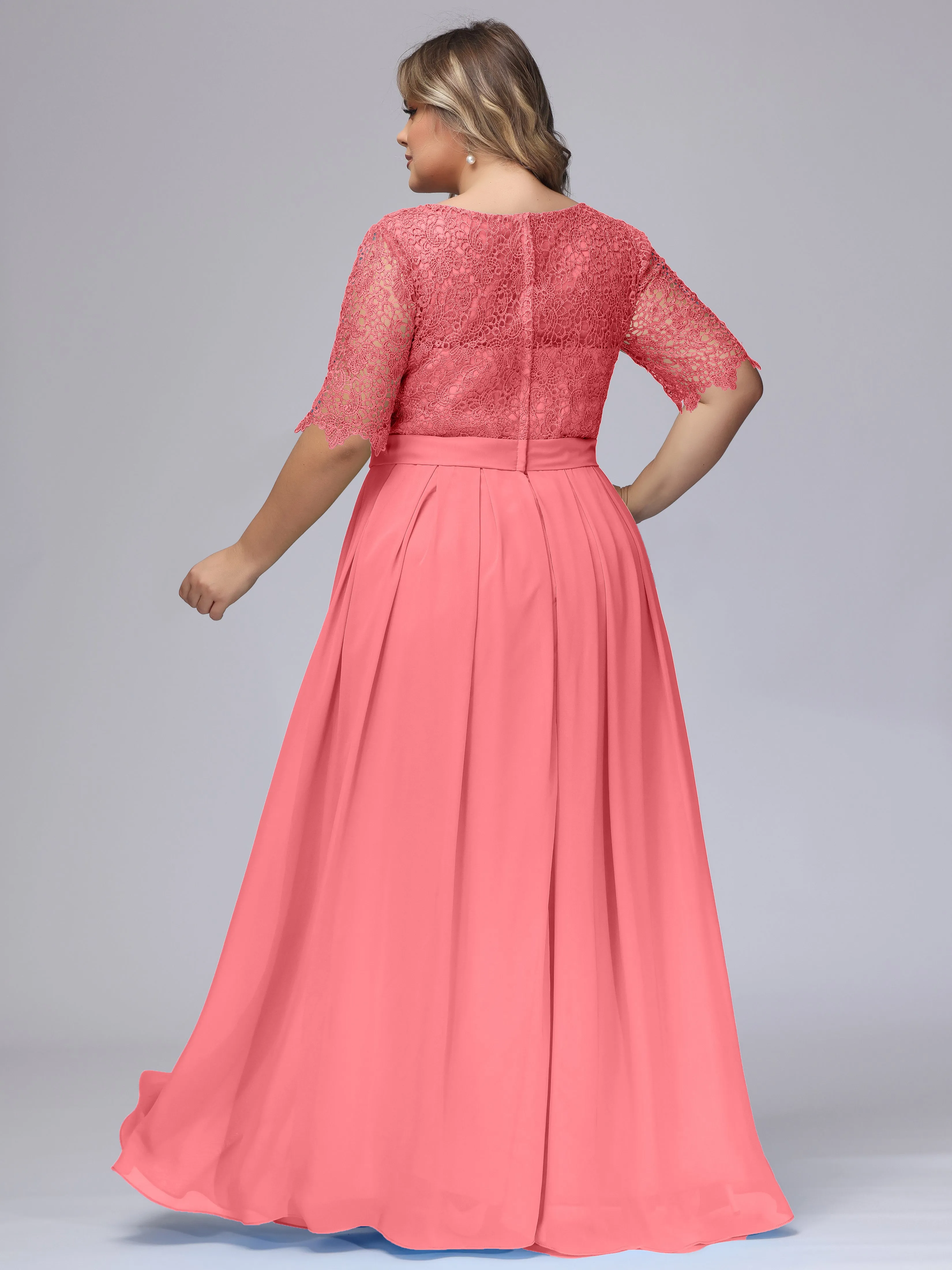 Half Sleeves Scoop Lace Long Plus Size Bridesmaid Dresses