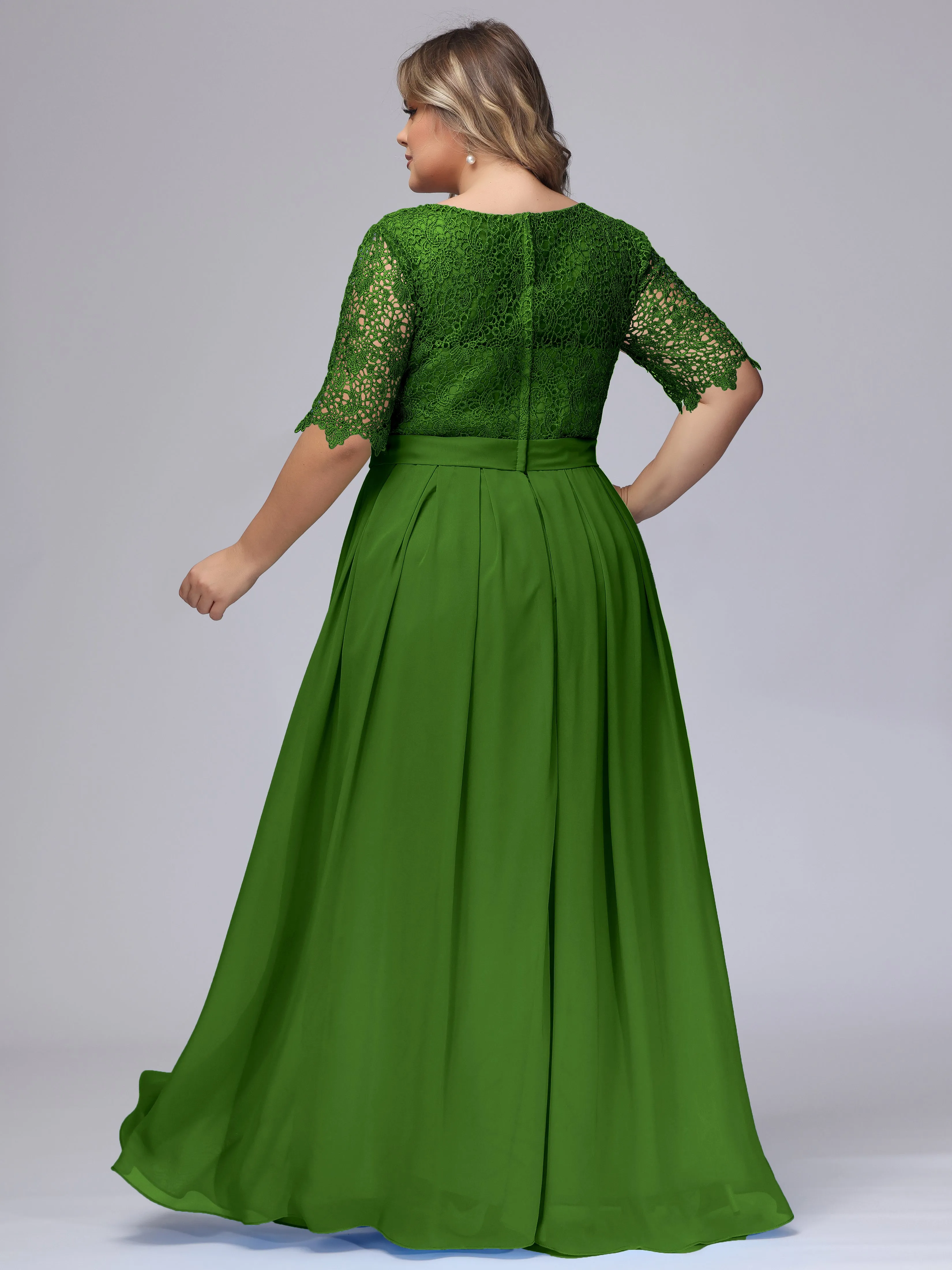 Half Sleeves Scoop Lace Long Plus Size Bridesmaid Dresses