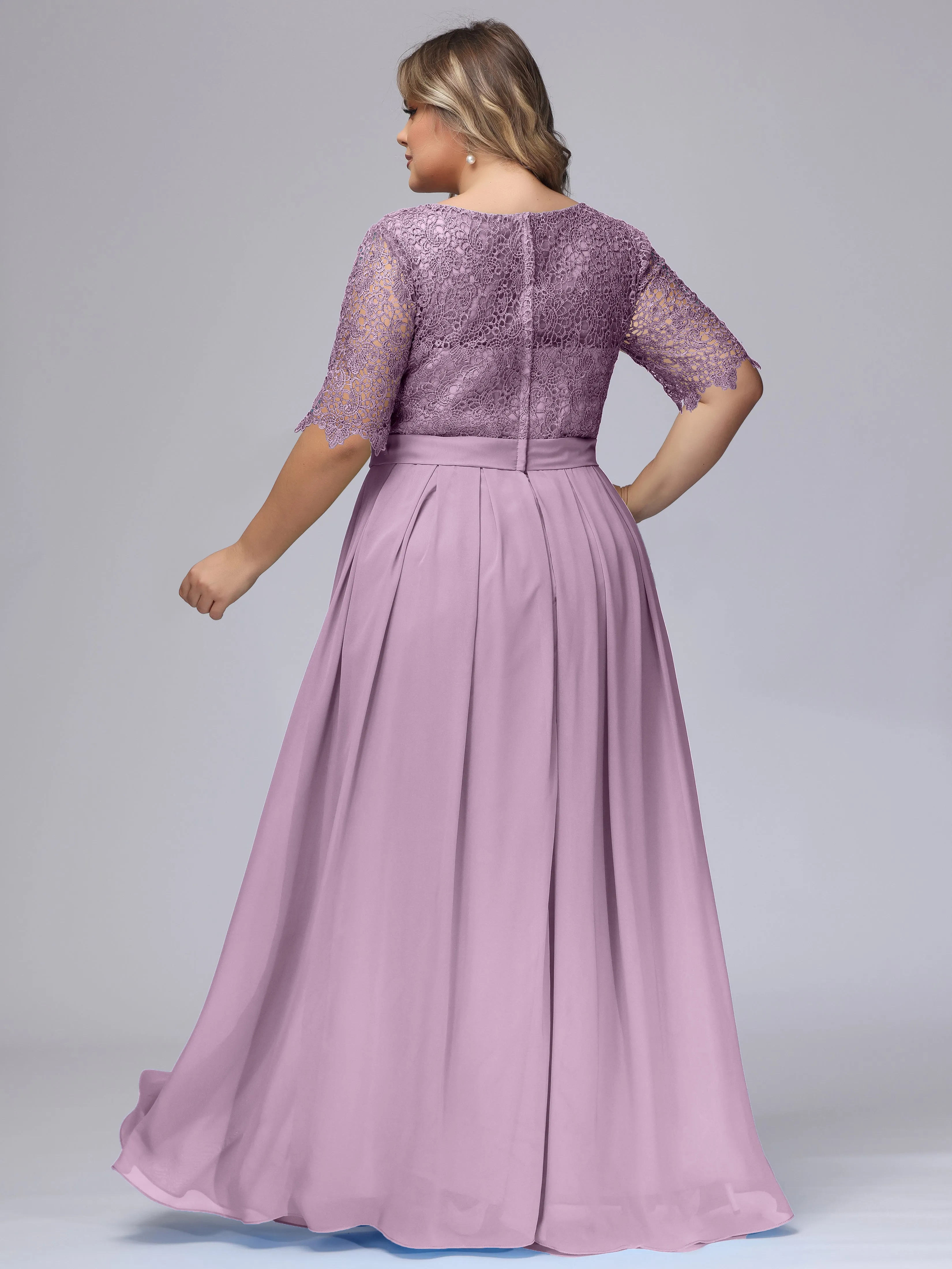 Half Sleeves Scoop Lace Long Plus Size Bridesmaid Dresses