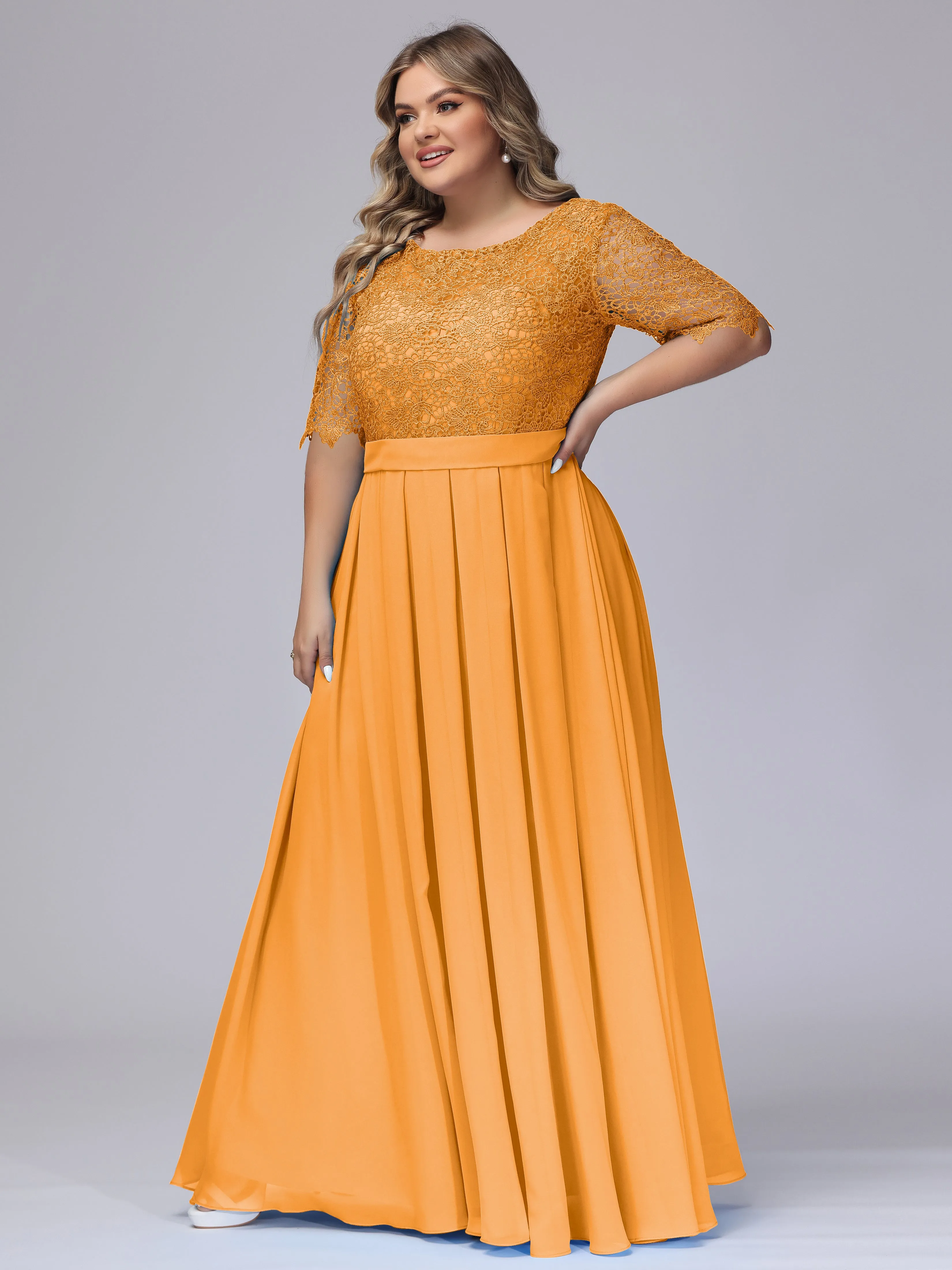 Half Sleeves Scoop Lace Long Plus Size Bridesmaid Dresses