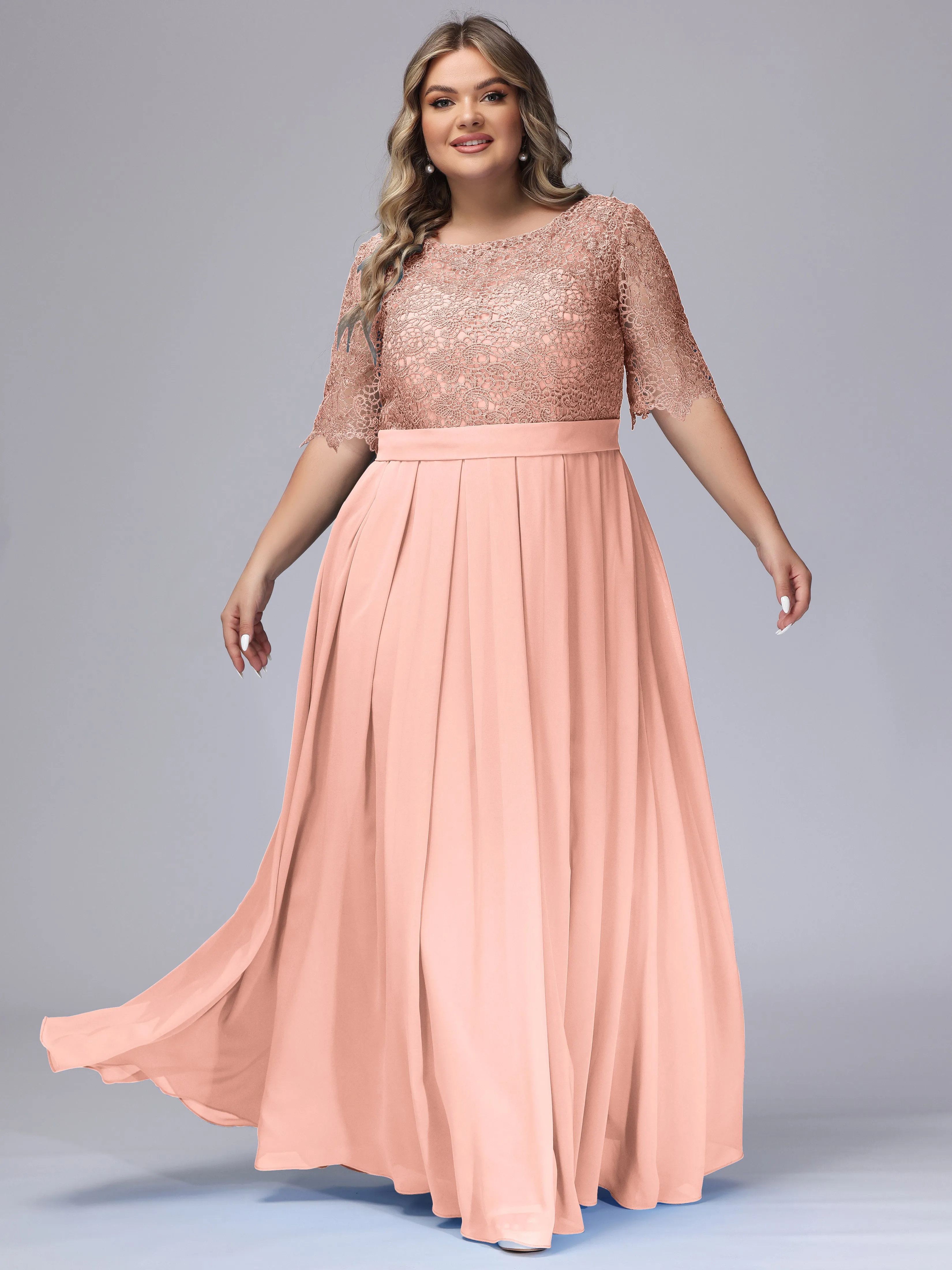 Half Sleeves Scoop Lace Long Plus Size Bridesmaid Dresses