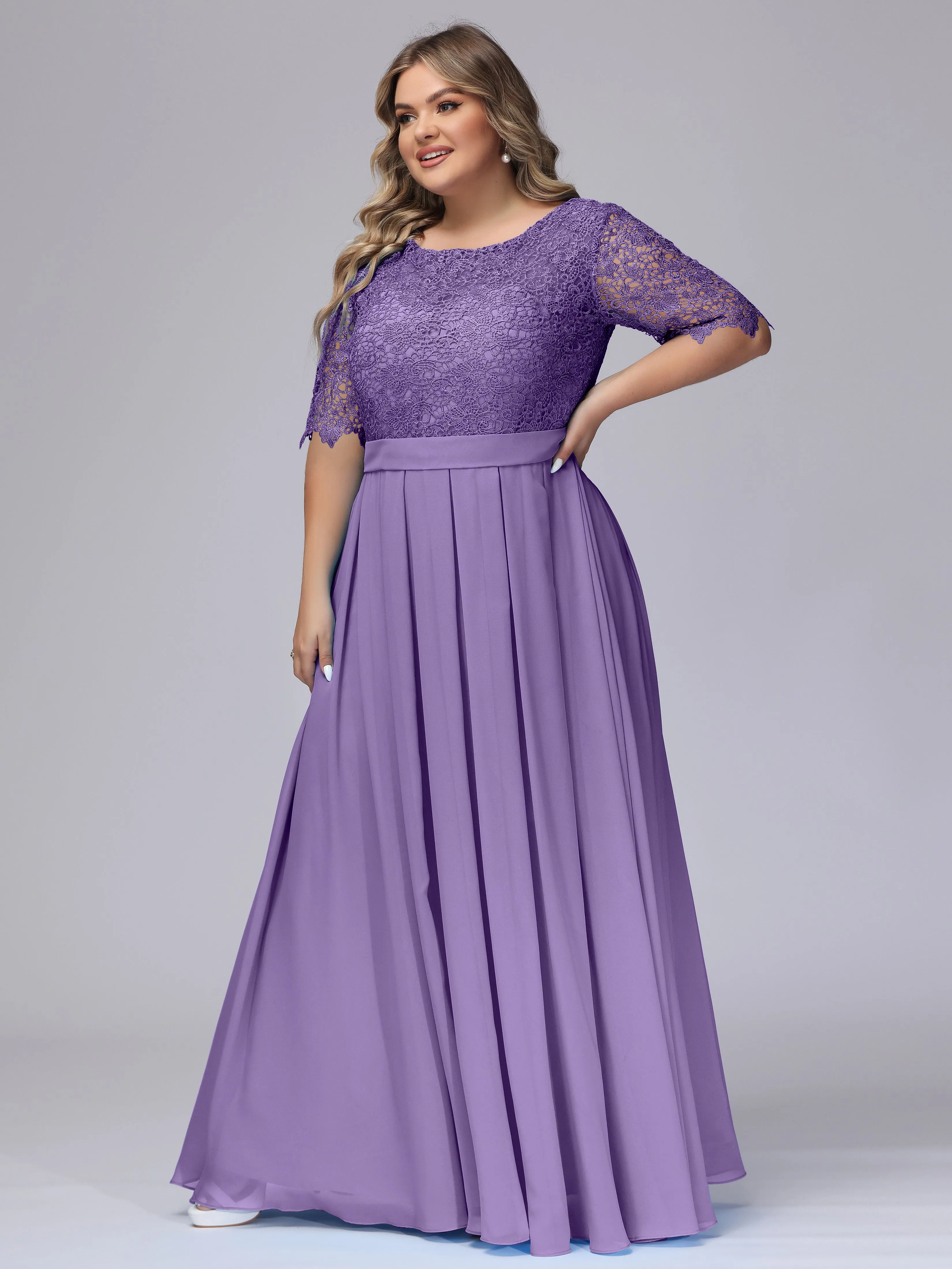 Half Sleeves Scoop Lace Long Plus Size Bridesmaid Dresses