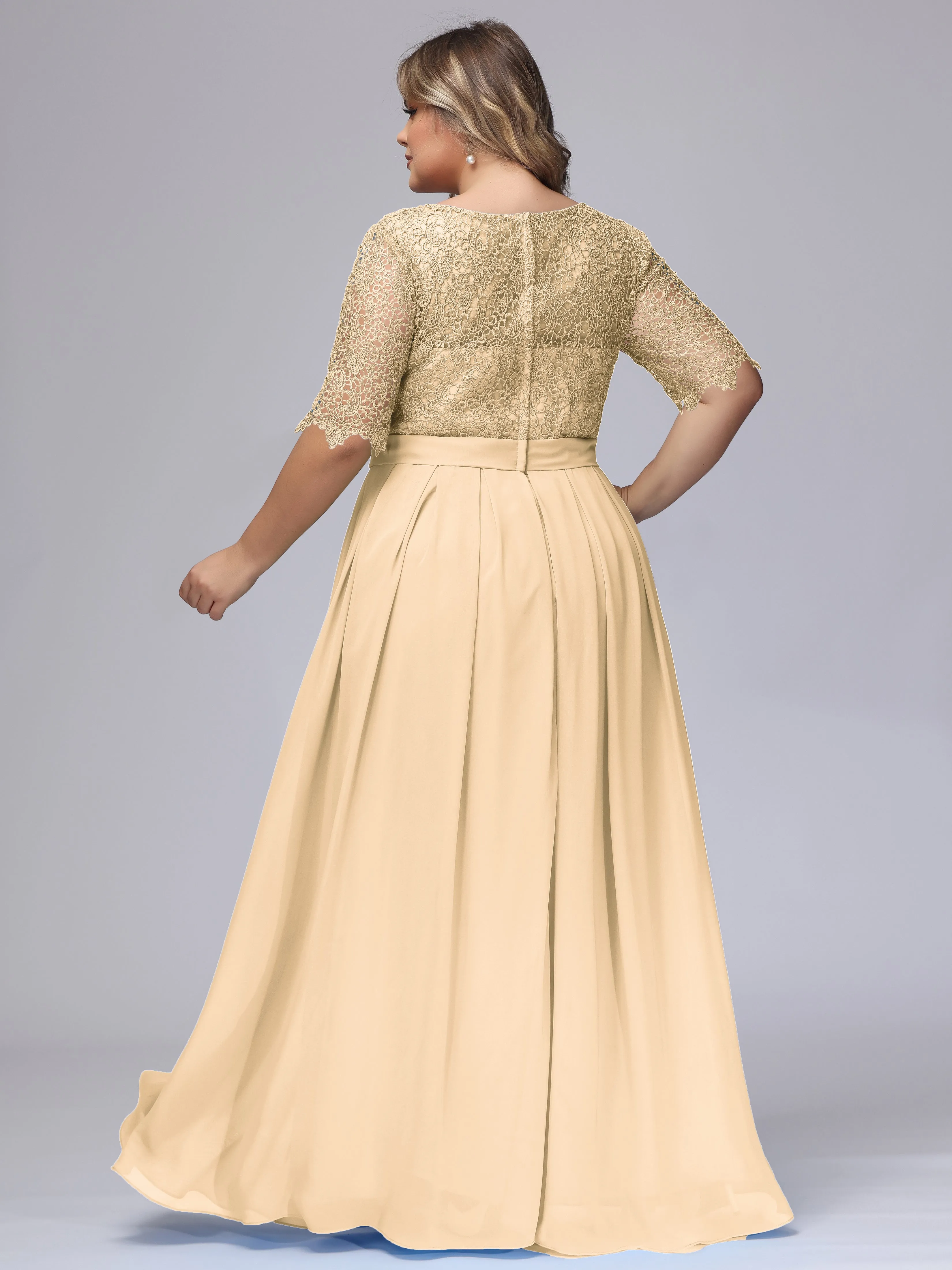 Half Sleeves Scoop Lace Long Plus Size Bridesmaid Dresses