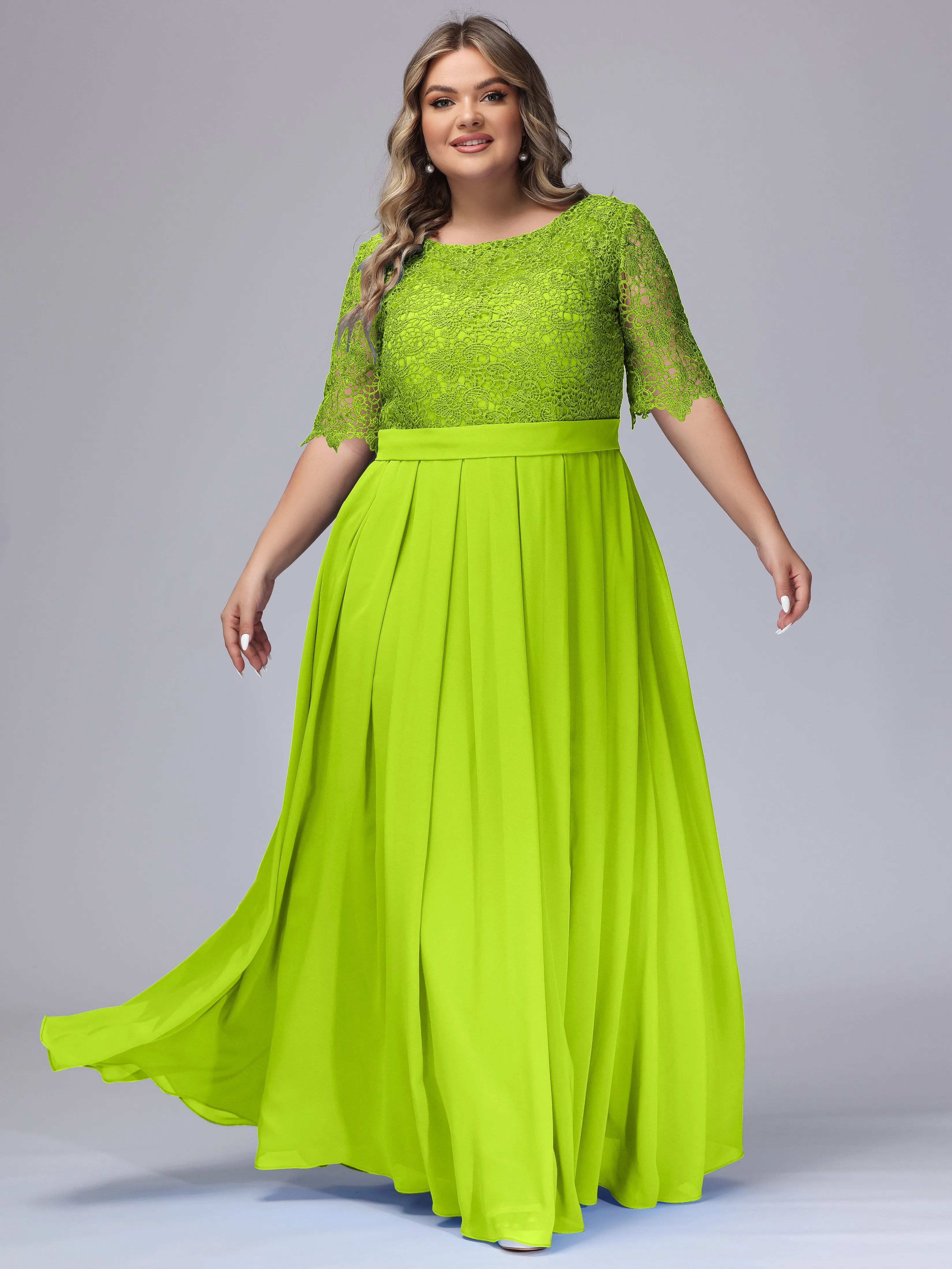 Half Sleeves Scoop Lace Long Plus Size Bridesmaid Dresses