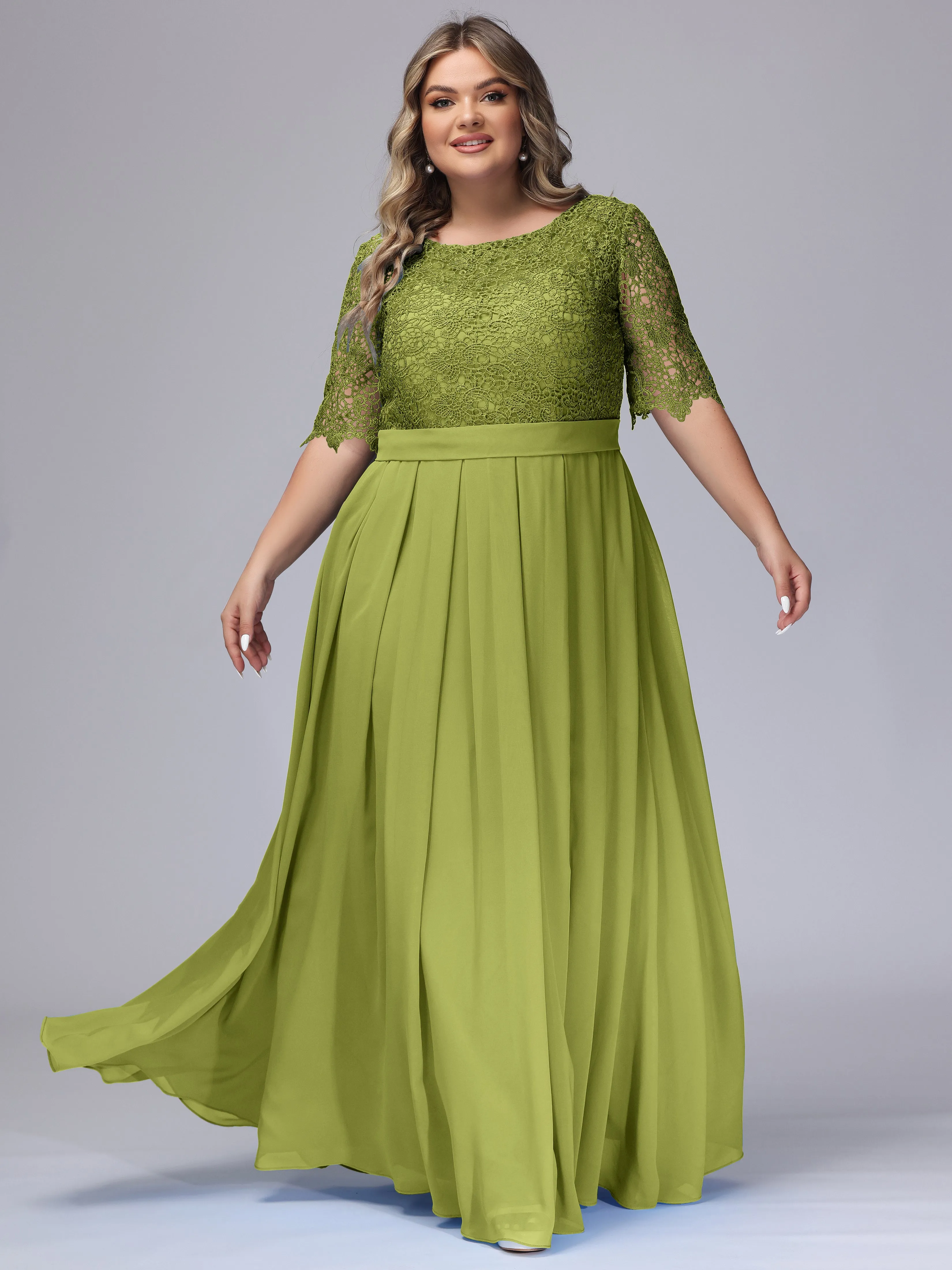 Half Sleeves Scoop Lace Long Plus Size Bridesmaid Dresses