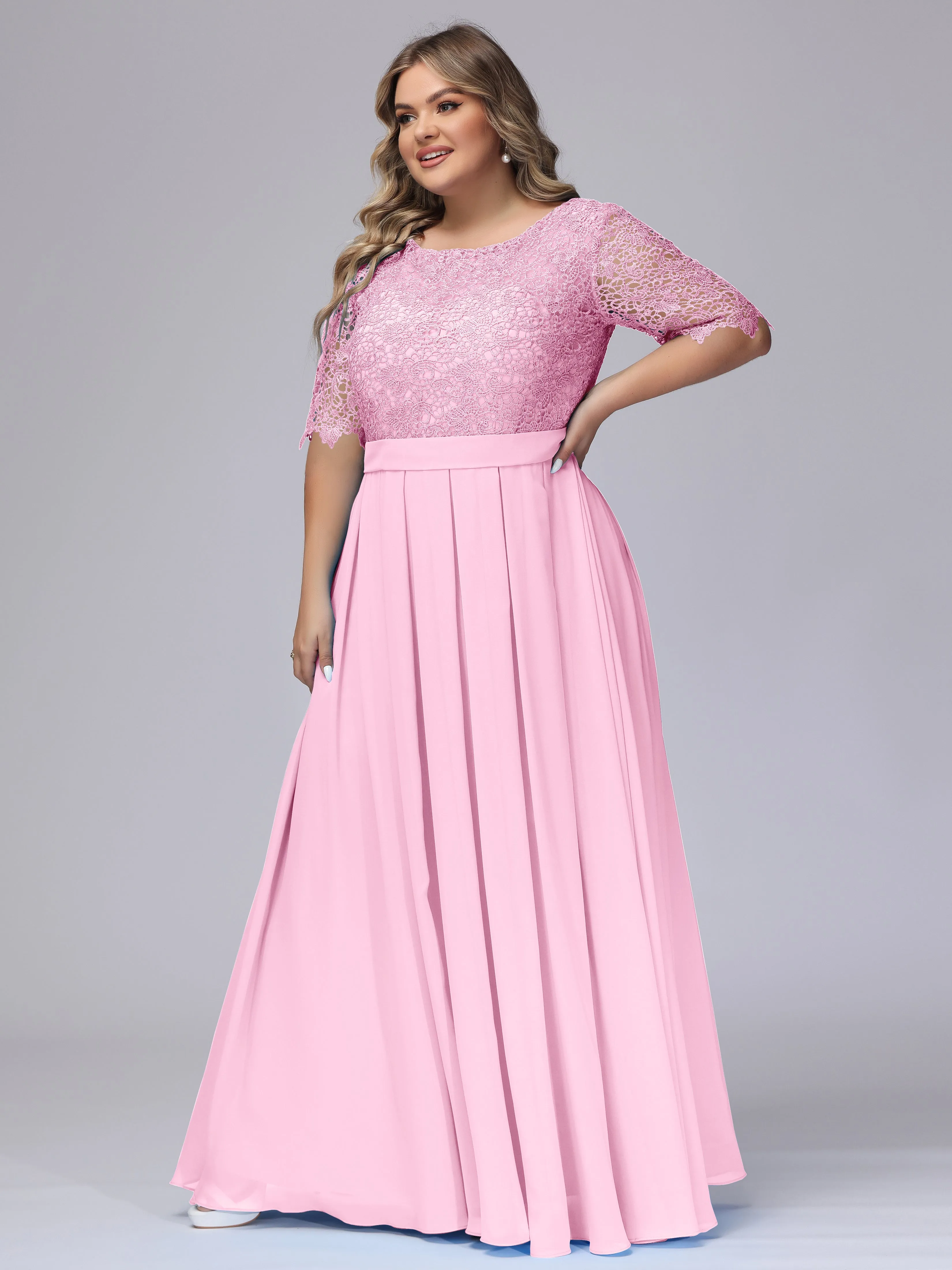 Half Sleeves Scoop Lace Long Plus Size Bridesmaid Dresses