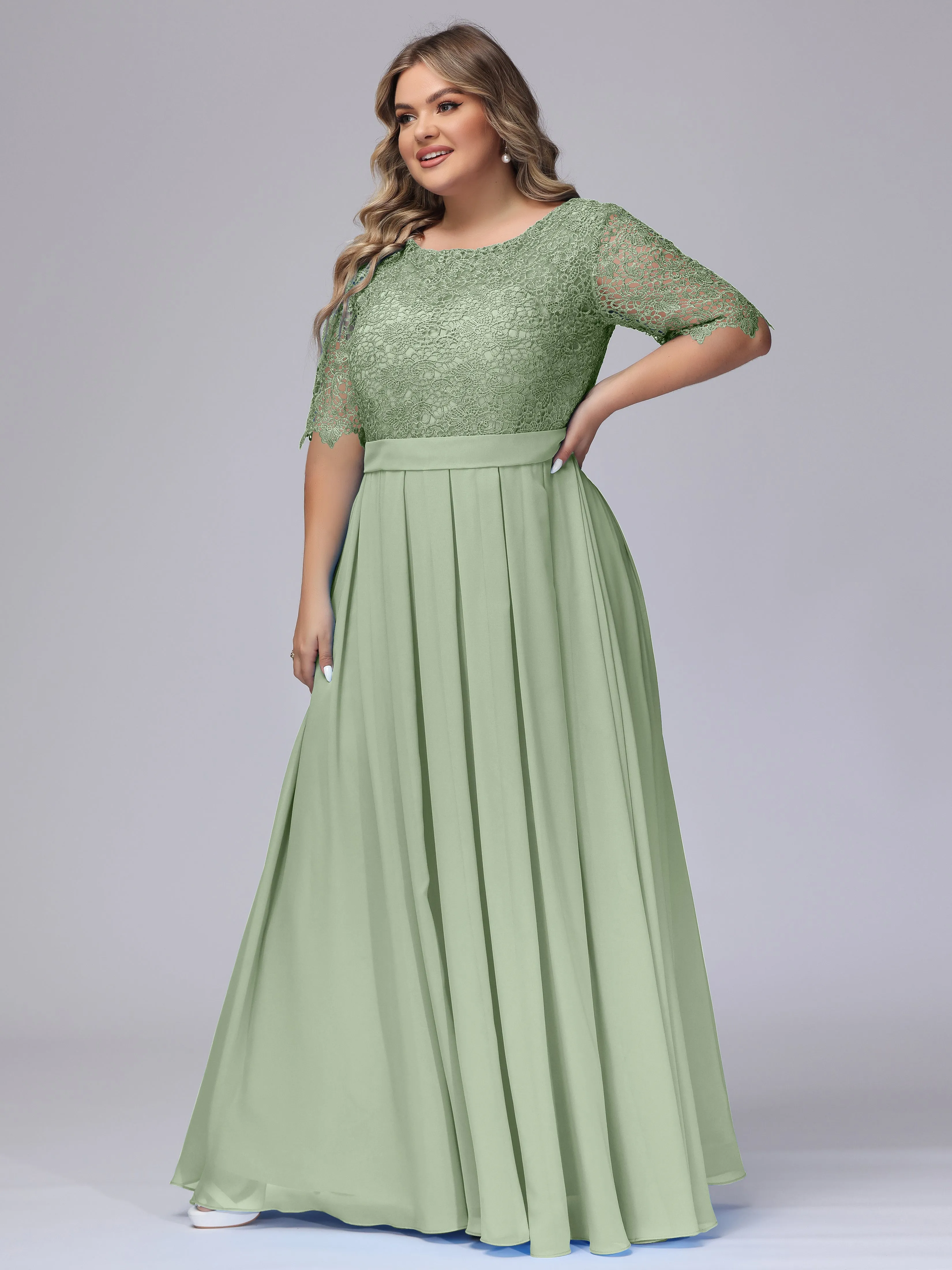 Half Sleeves Scoop Lace Long Plus Size Bridesmaid Dresses