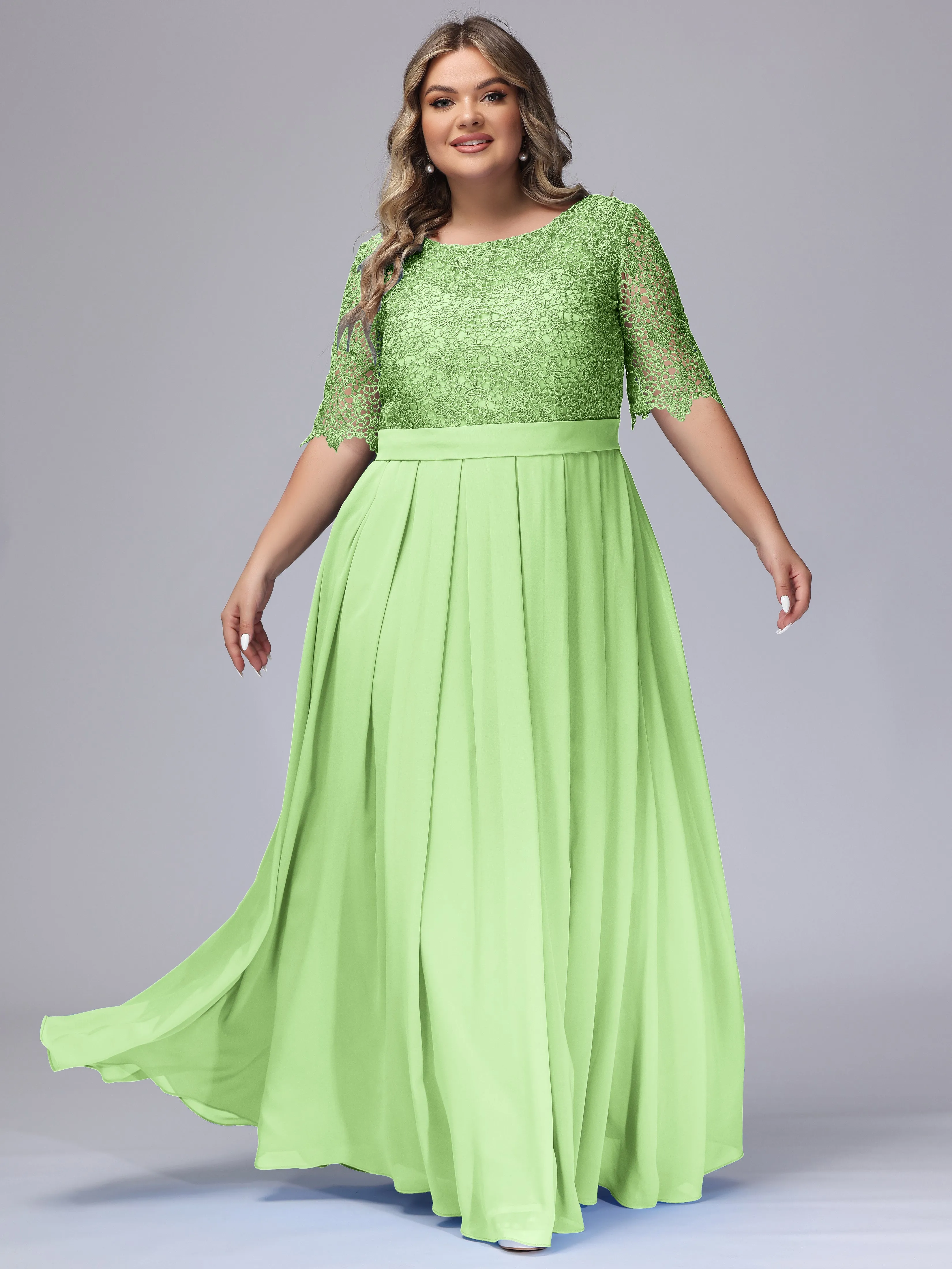 Half Sleeves Scoop Lace Long Plus Size Bridesmaid Dresses