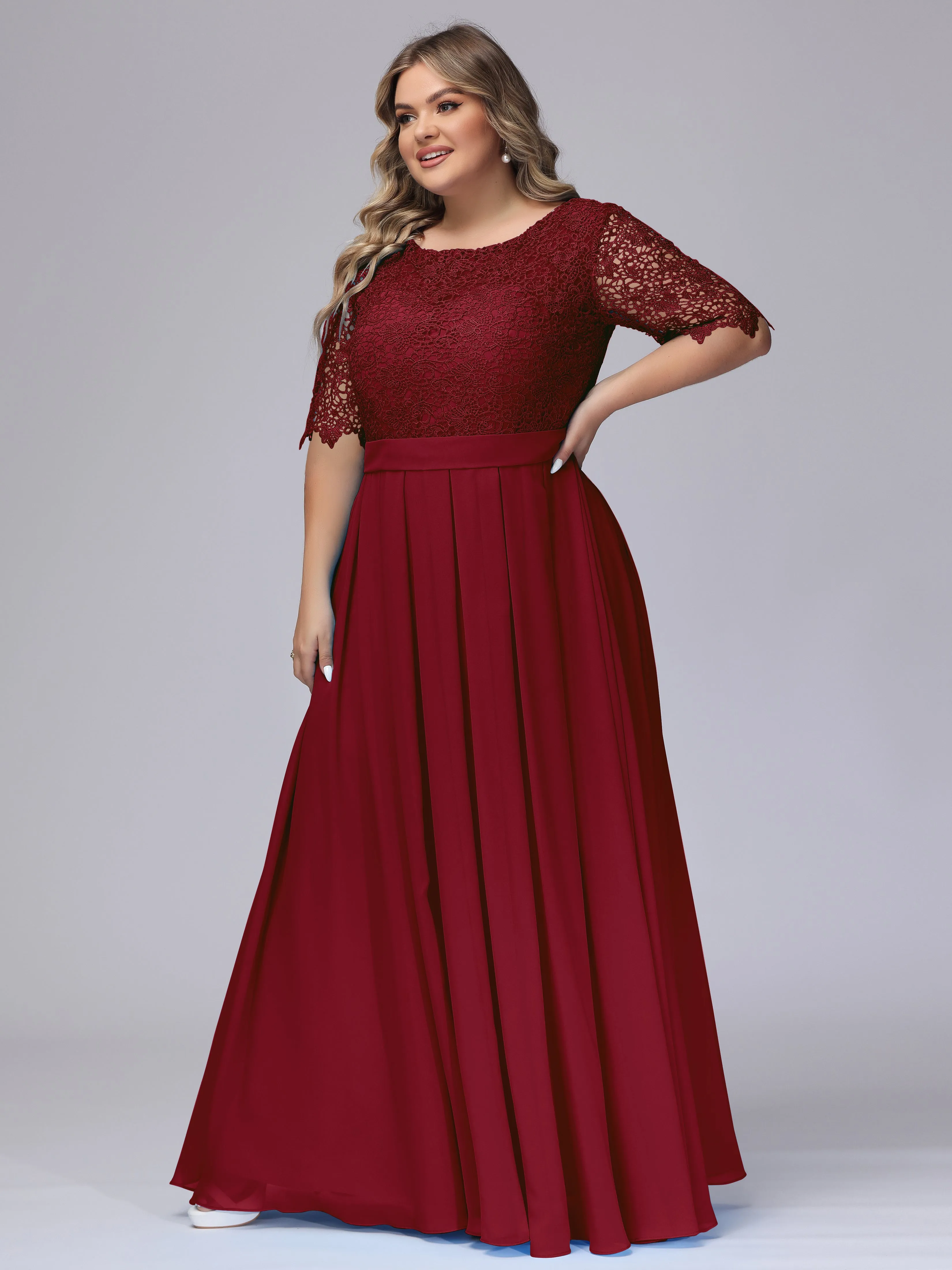 Half Sleeves Scoop Lace Long Plus Size Bridesmaid Dresses