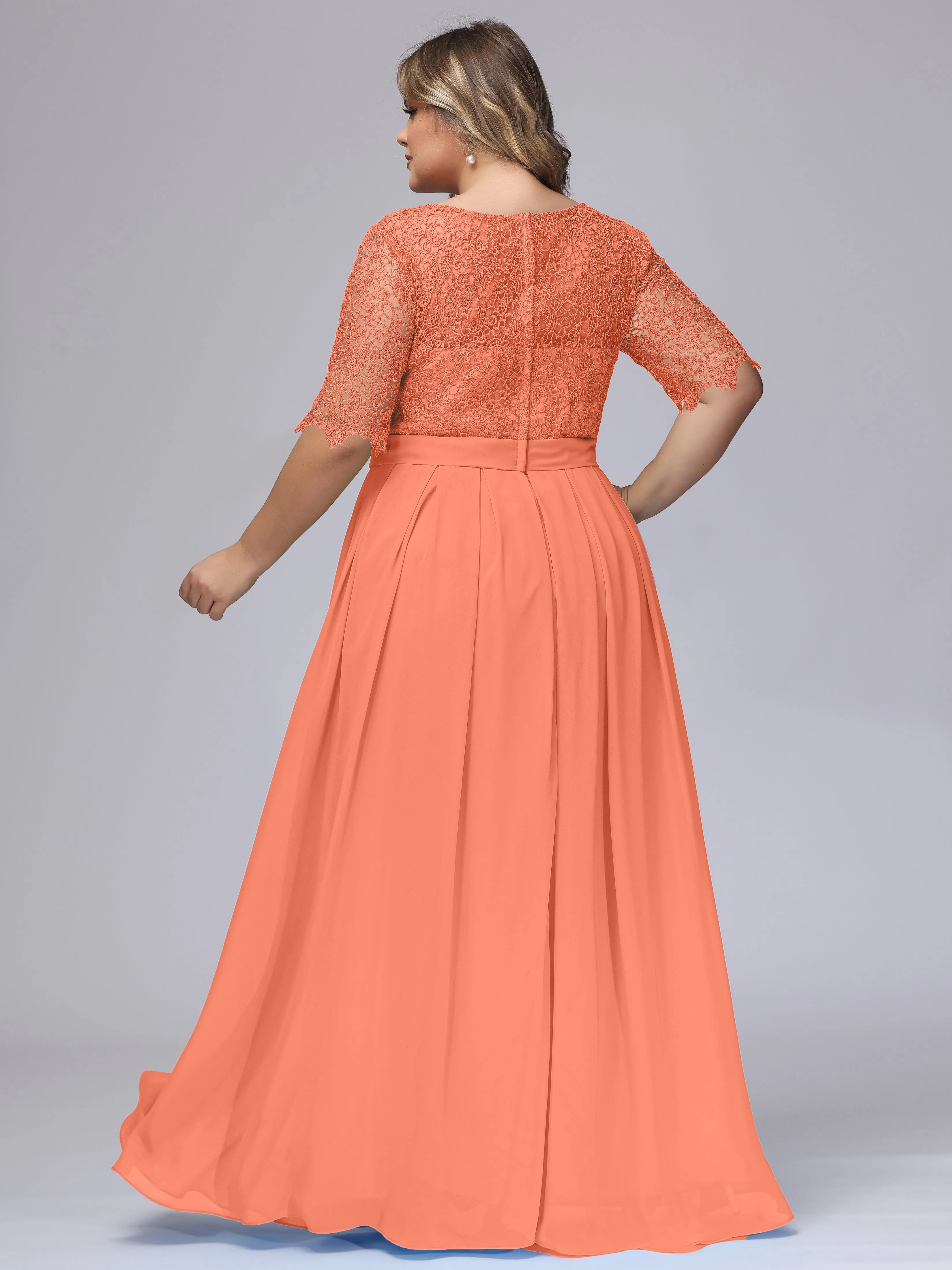 Half Sleeves Scoop Lace Long Plus Size Bridesmaid Dresses