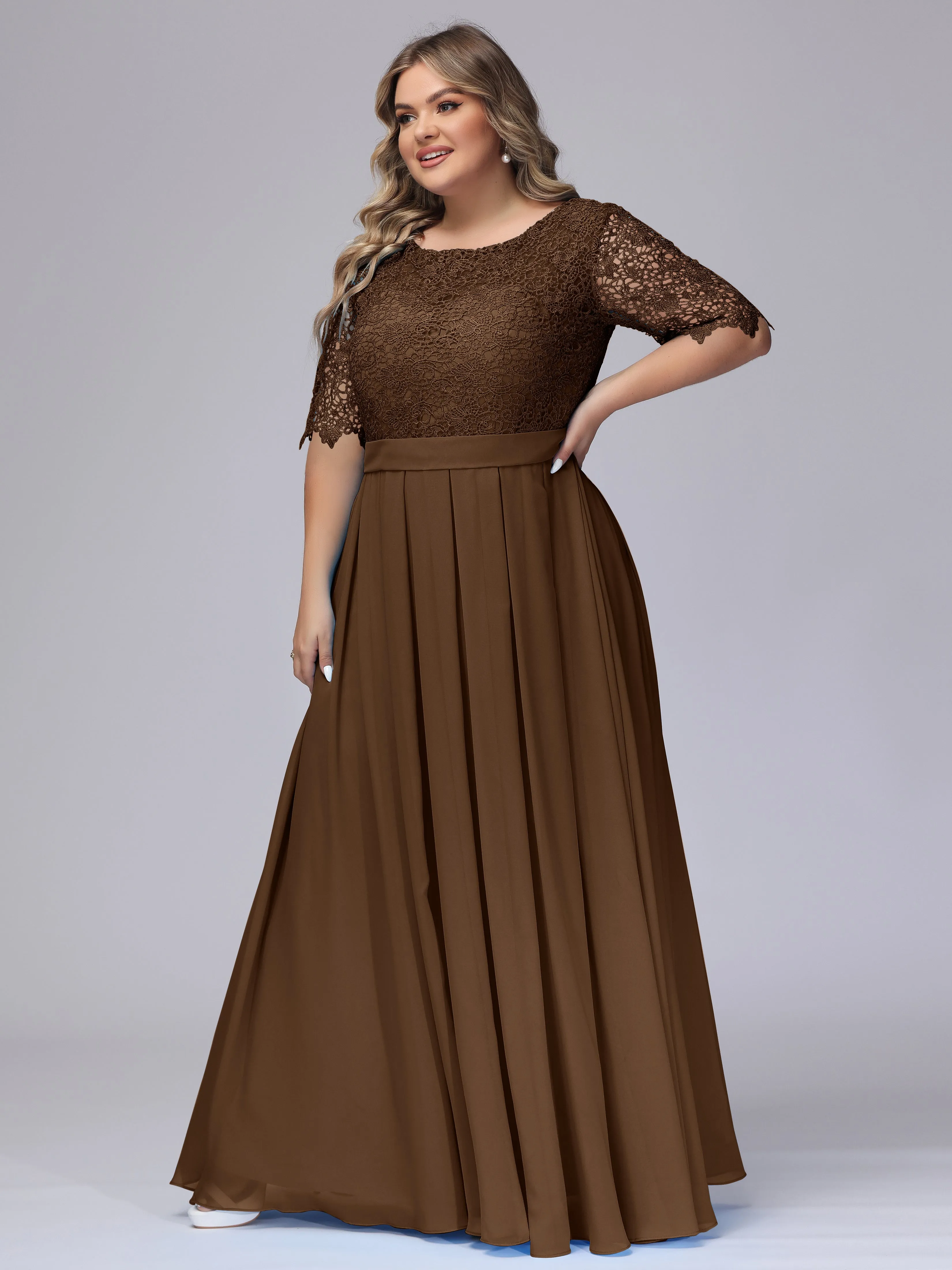 Half Sleeves Scoop Lace Long Plus Size Bridesmaid Dresses