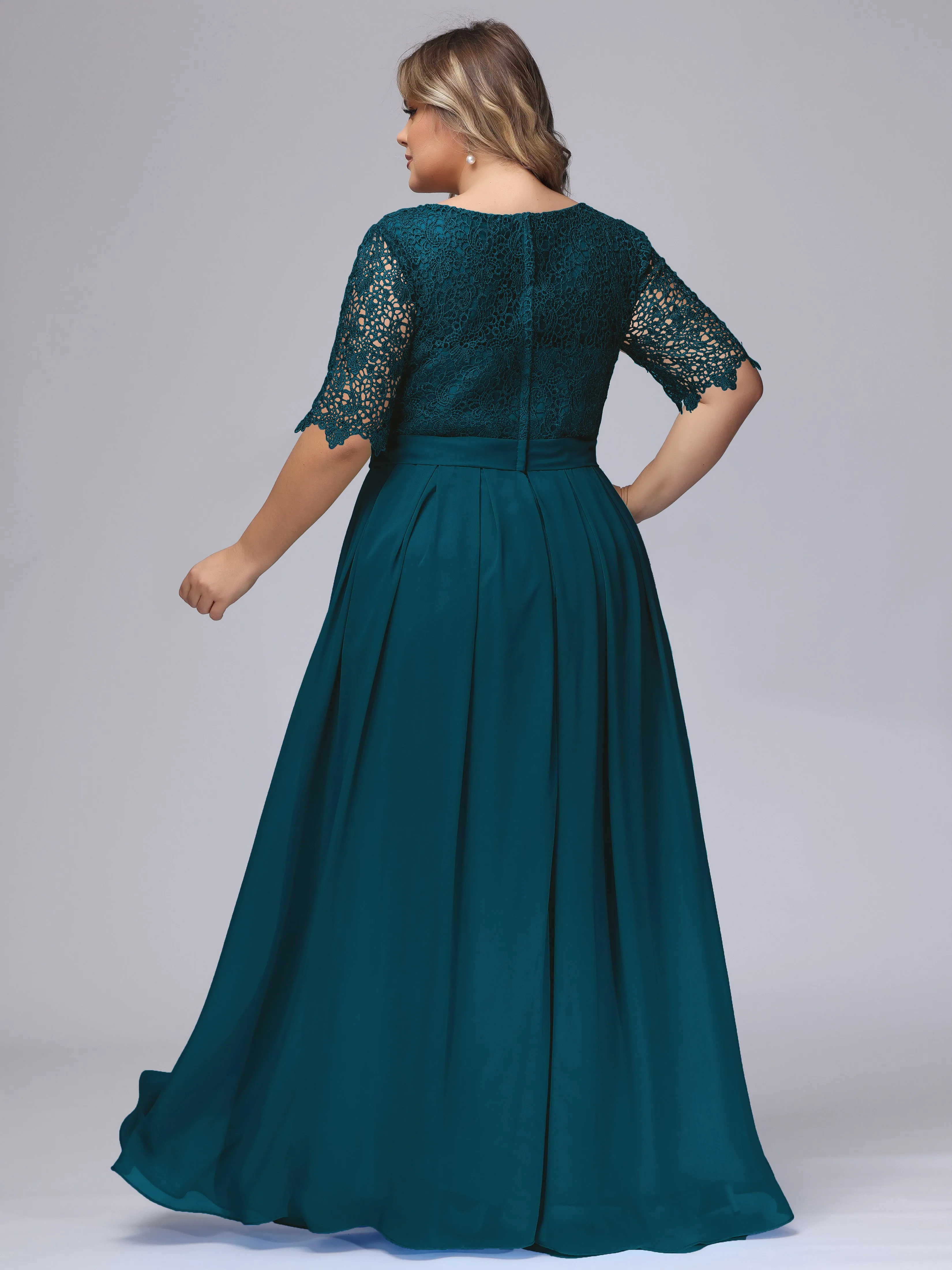 Half Sleeves Scoop Lace Long Plus Size Bridesmaid Dresses