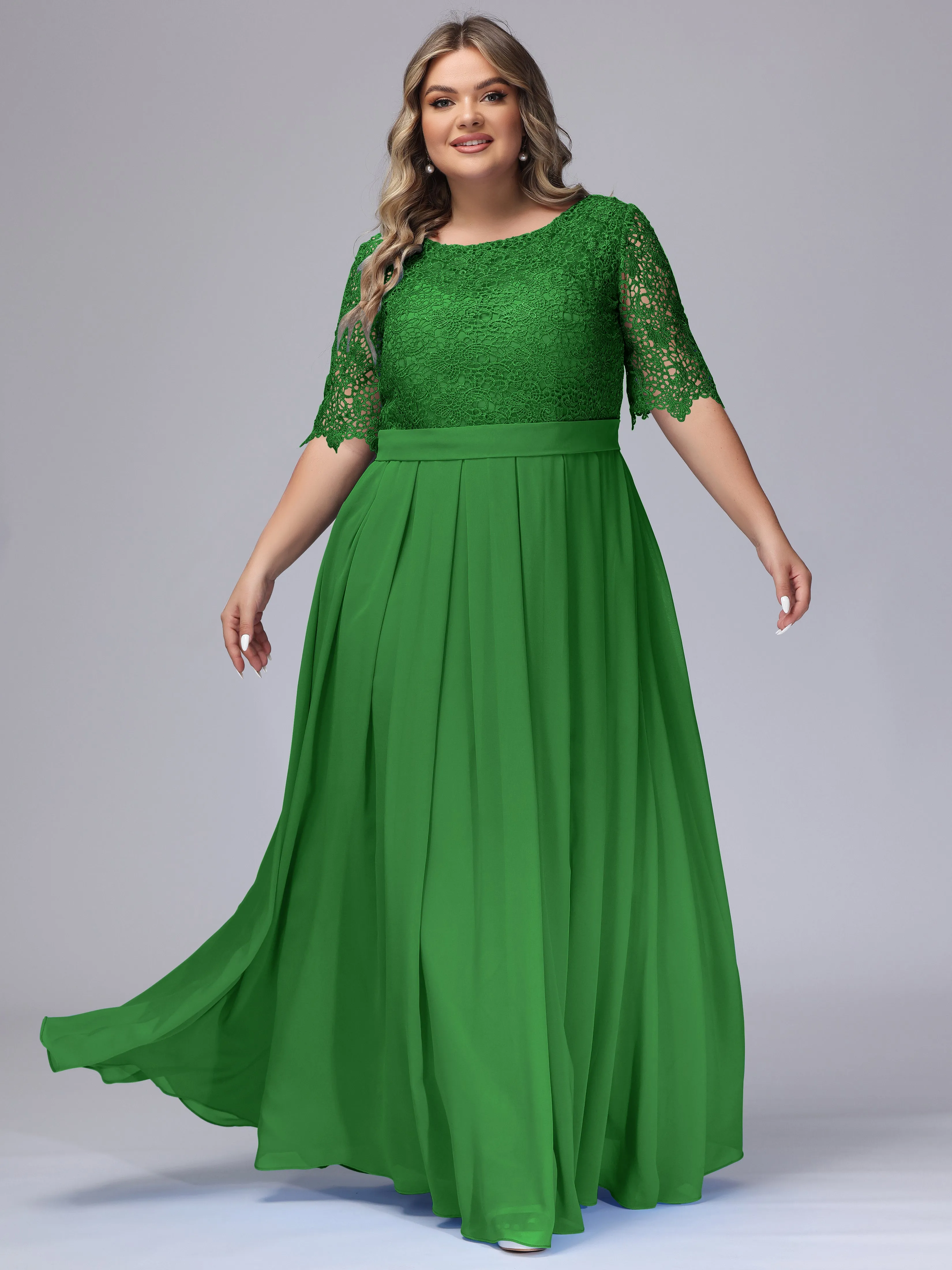 Half Sleeves Scoop Lace Long Plus Size Bridesmaid Dresses