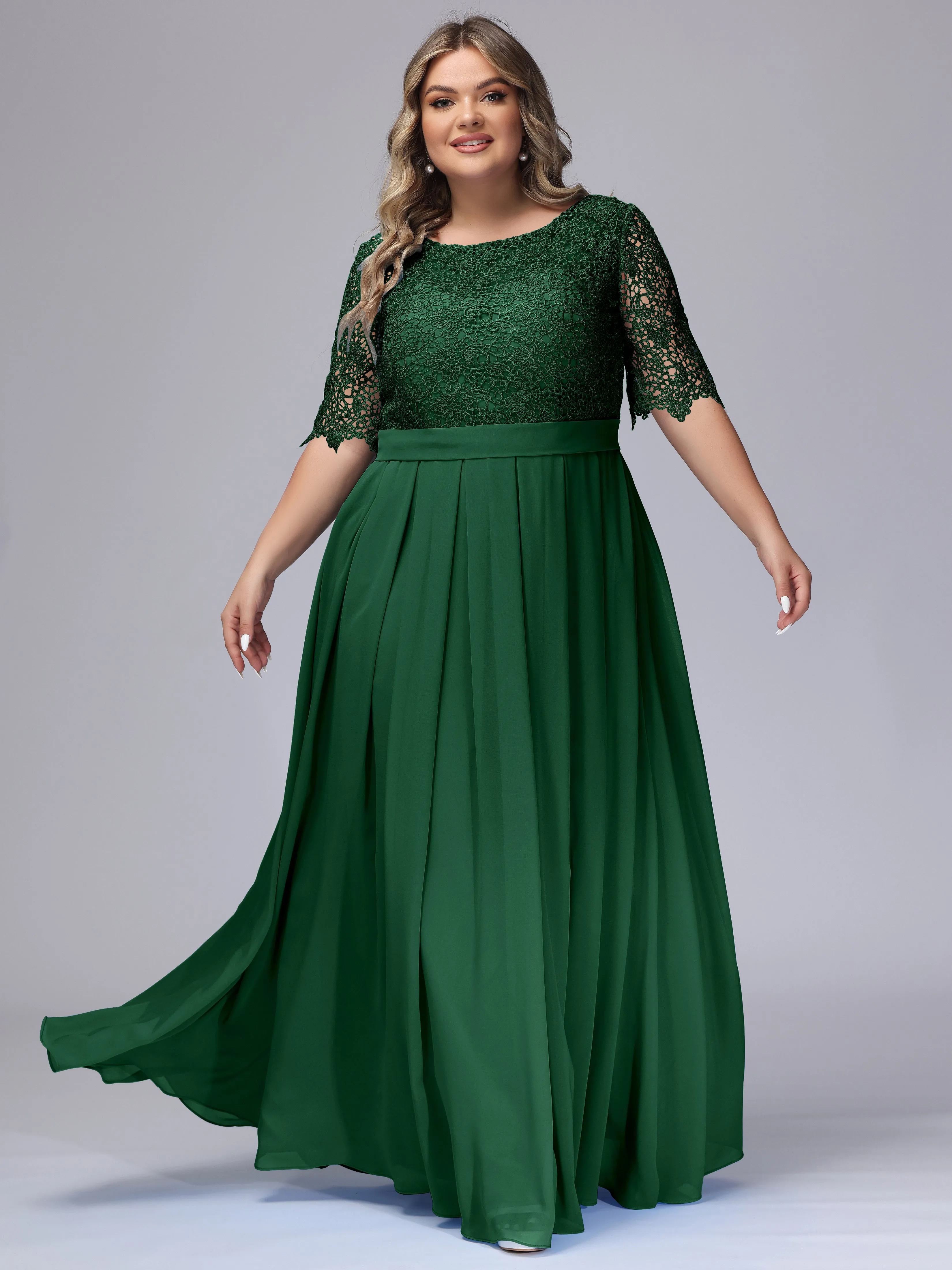 Half Sleeves Scoop Lace Long Plus Size Bridesmaid Dresses