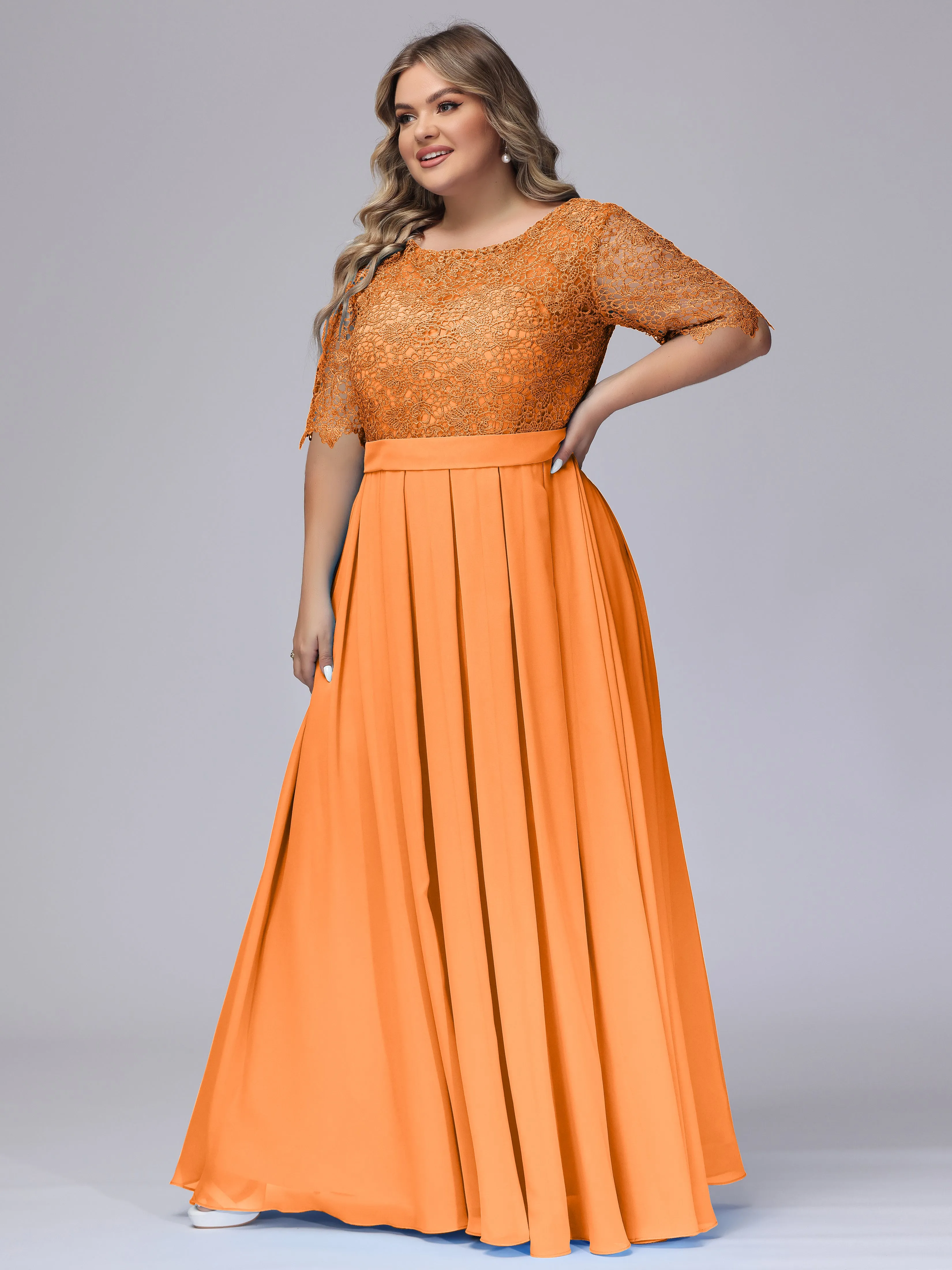 Half Sleeves Scoop Lace Long Plus Size Bridesmaid Dresses