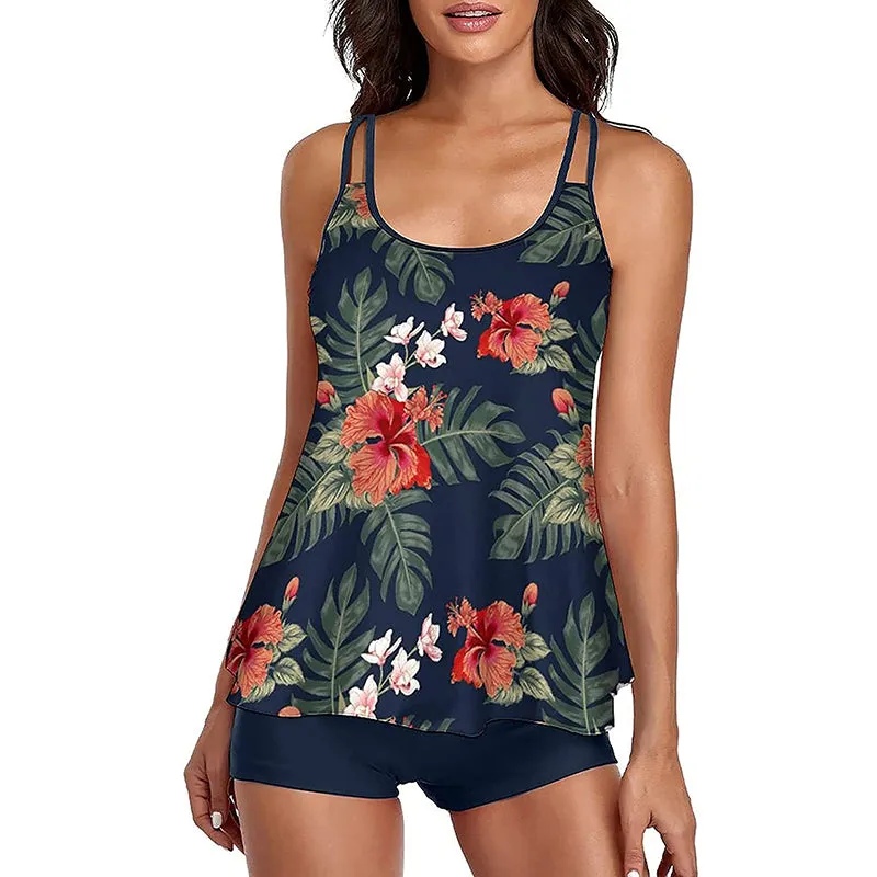 HANERDUN Women Tankini Bathing Suit Tummy Control Swimsuit 2PCS Swimwear Tank Top with Padded Boyshorts