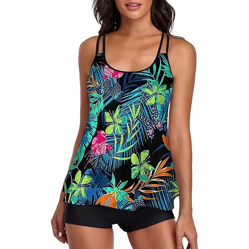 HANERDUN Women Tankini Bathing Suit Tummy Control Swimsuit 2PCS Swimwear Tank Top with Padded Boyshorts
