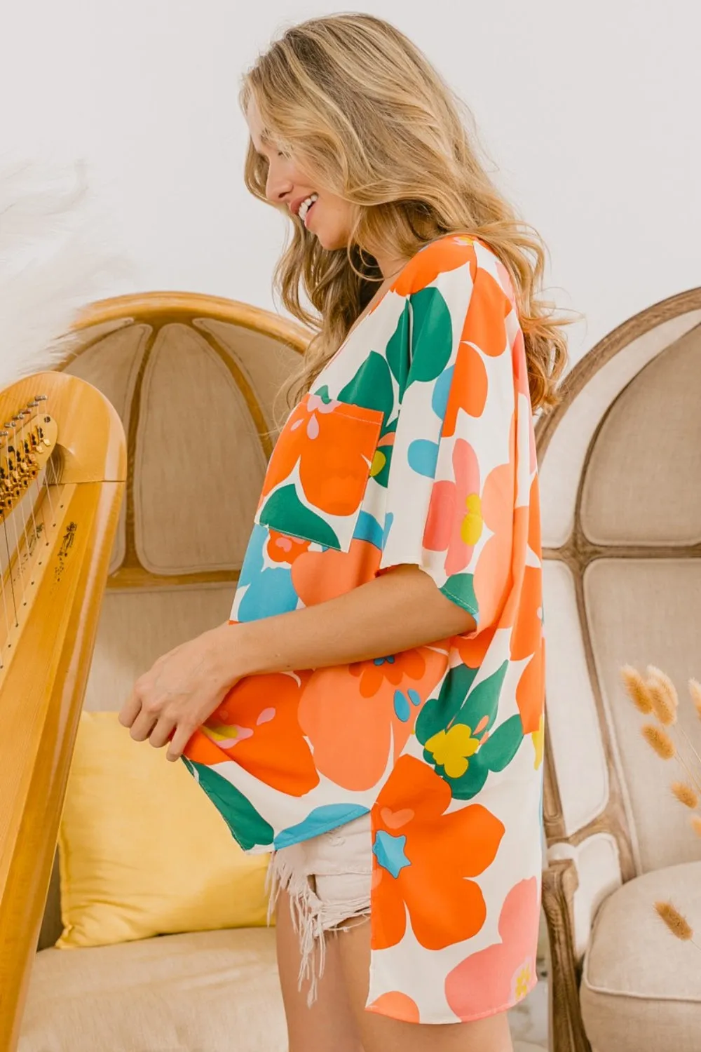 Hazel Blues® |  BiBi Floral V Neck Slit Side T-Shirt